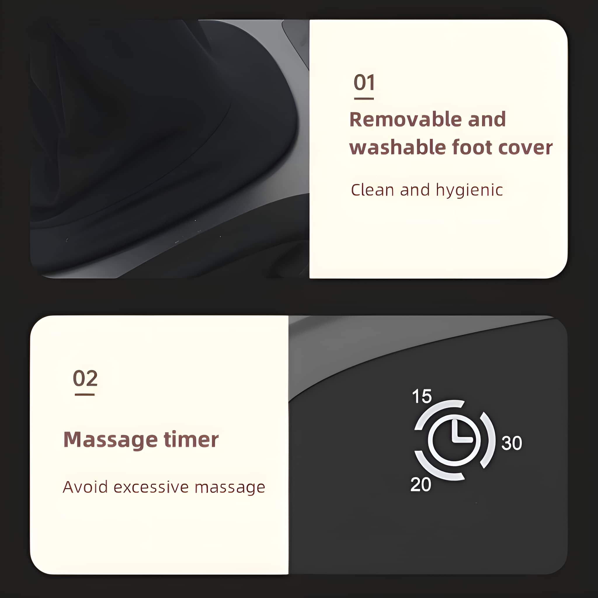 Nahaufnahme eines Massagegeräts mit Text über abnehmbare Fußabdeckung und Massagewtimer. Schwarzer Hintergrund.
