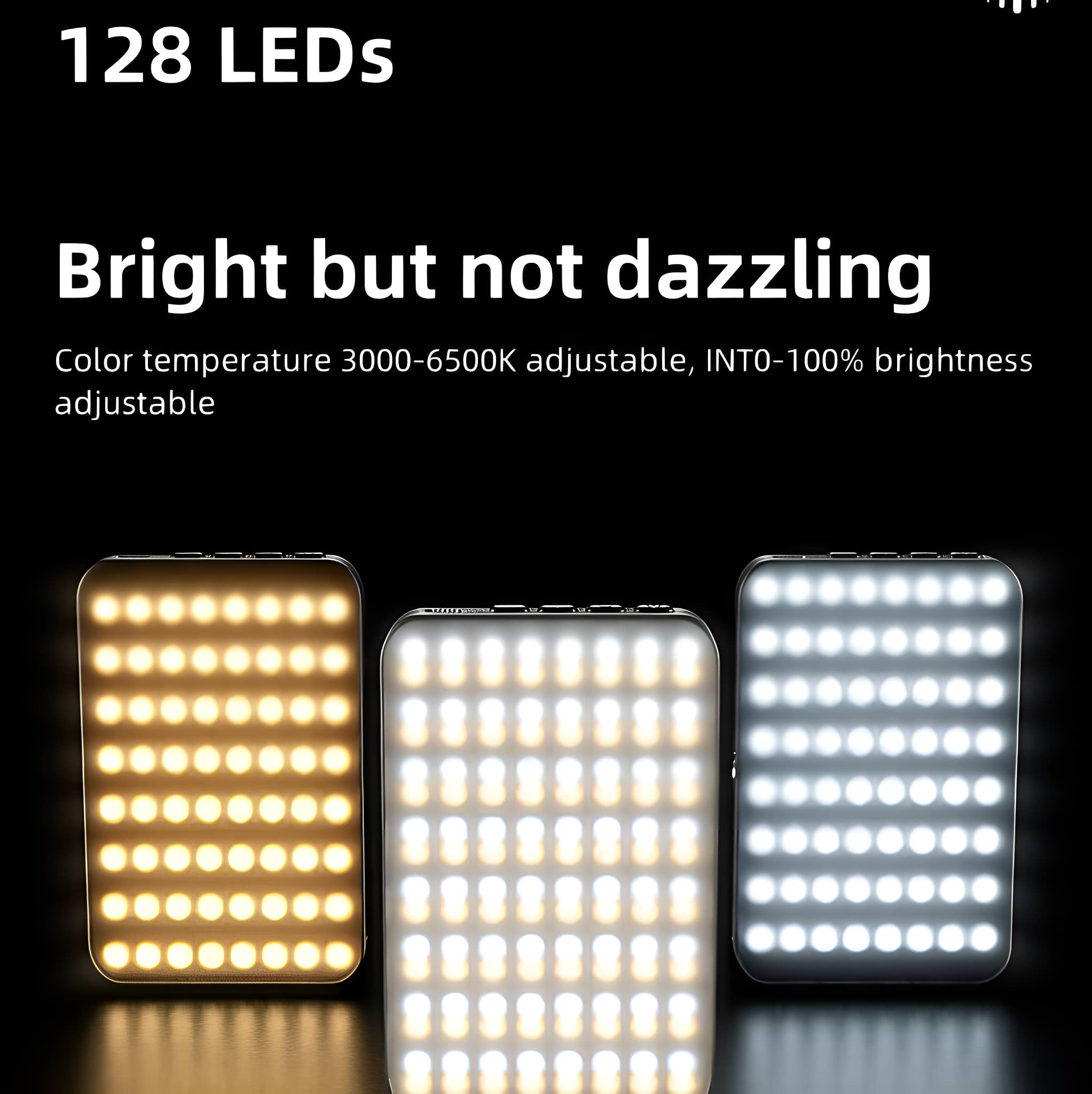 Drei LED-Panels mit unterschiedlichen Farbtemperaturen, mit Text '128 LEDs'.