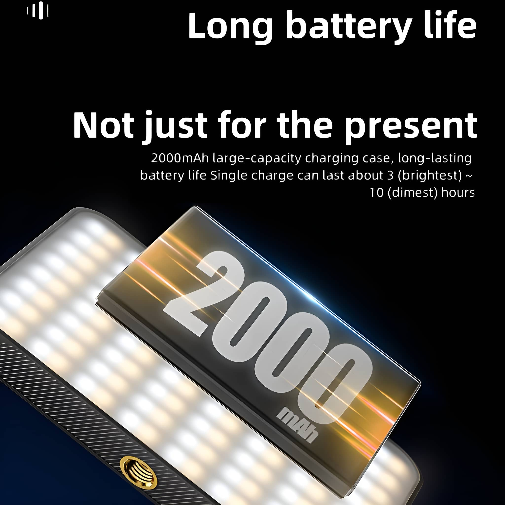 Ein schwarzes Gerät mit 2000 mAh Akku. Es hat ein Display mit Akku-Details. Text: Lange Akkulaufzeit.