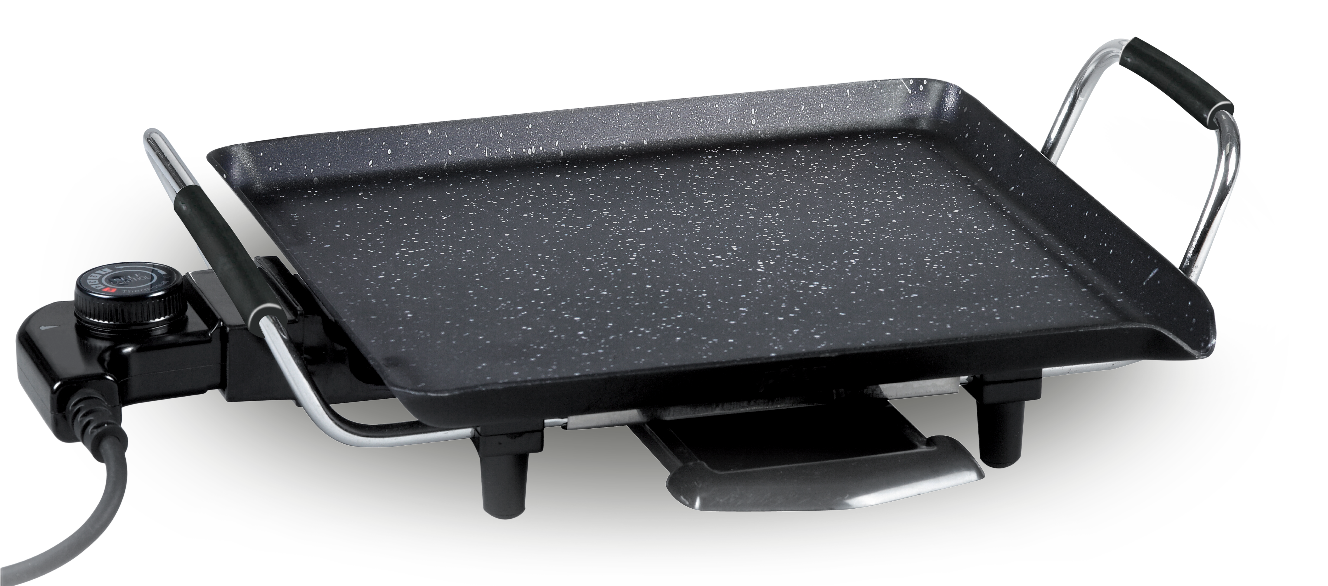 Schwarze elektrische Grillplatte mit gesprenkelter Kochfläche, Edelstahlgriffen und Temperaturregler.