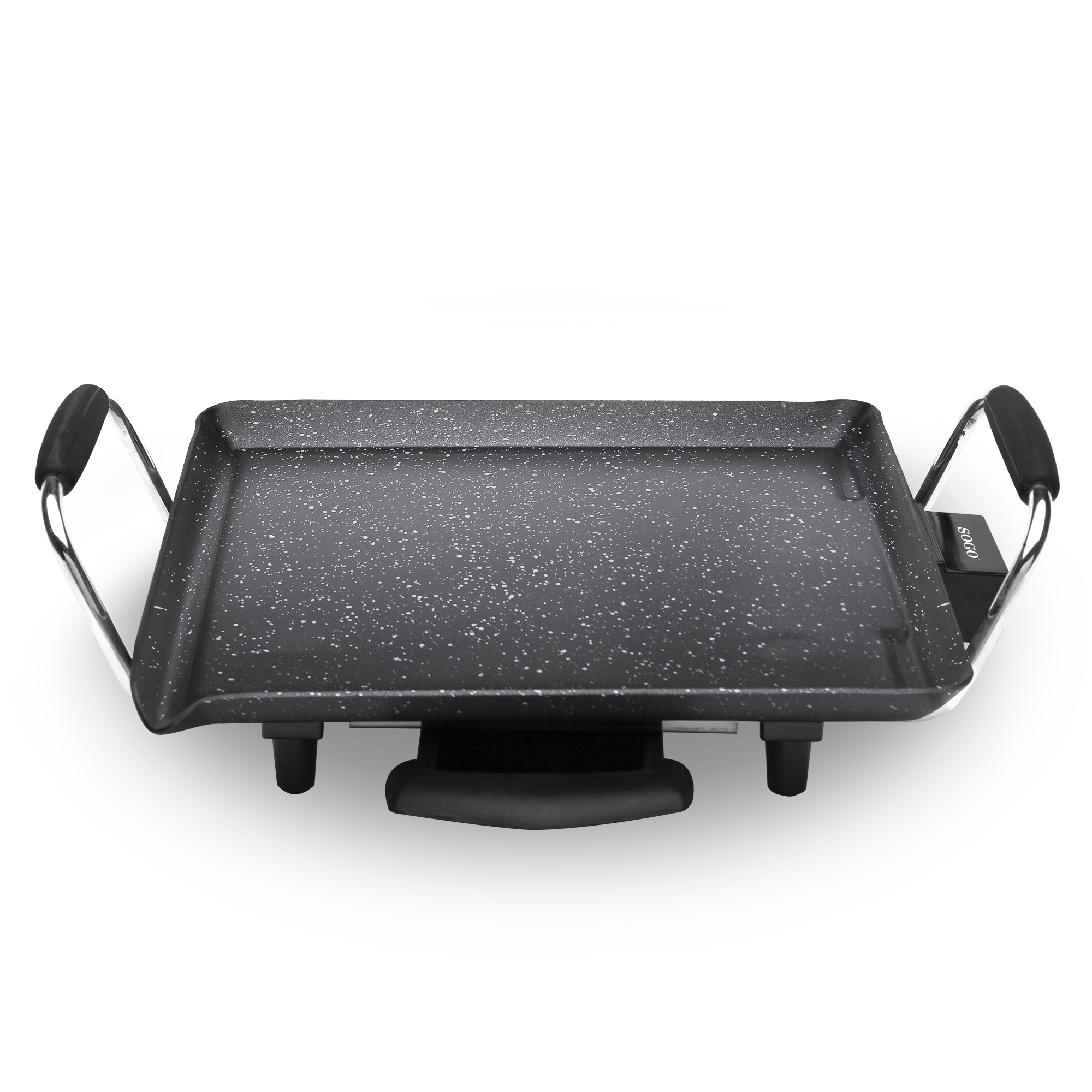 Schwarzer Elektrogrill. Er hat eine gesprenkelte Oberfläche, zwei Griffe und ist auf schwarzem Grund.
