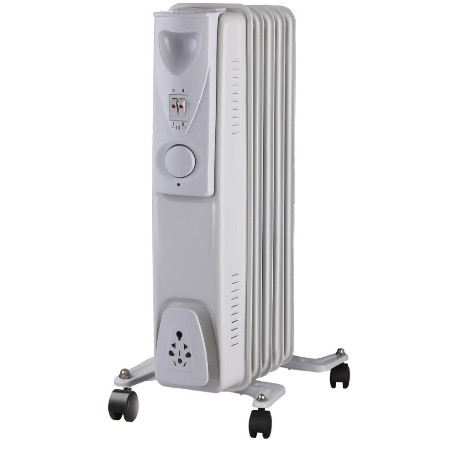 Witte elektrische radiator met bedieningspaneel en wielen. Verticaal ontwerp op witte achtergrond.