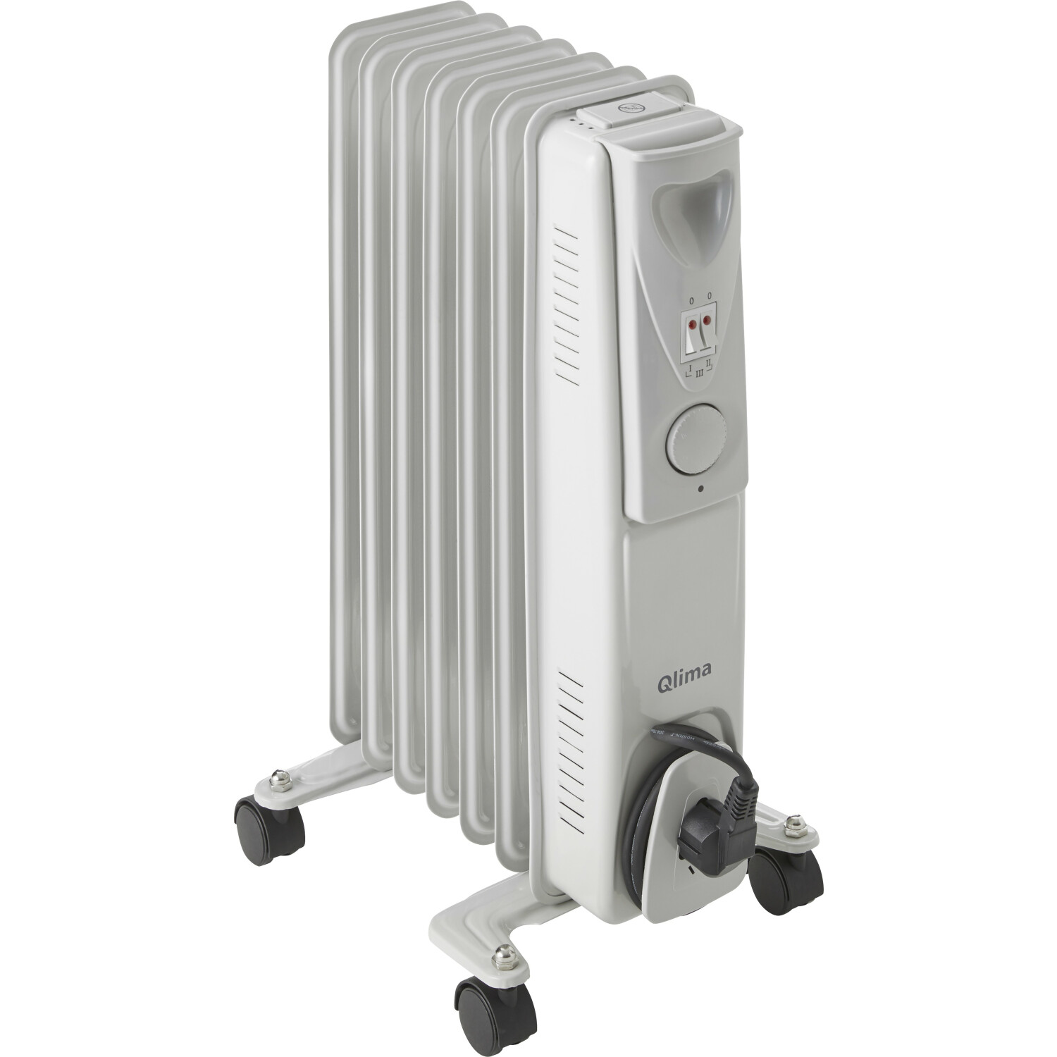 Een witte oliegevulde radiatorverwarming op wielen, met een bedieningspaneel en netsnoer.