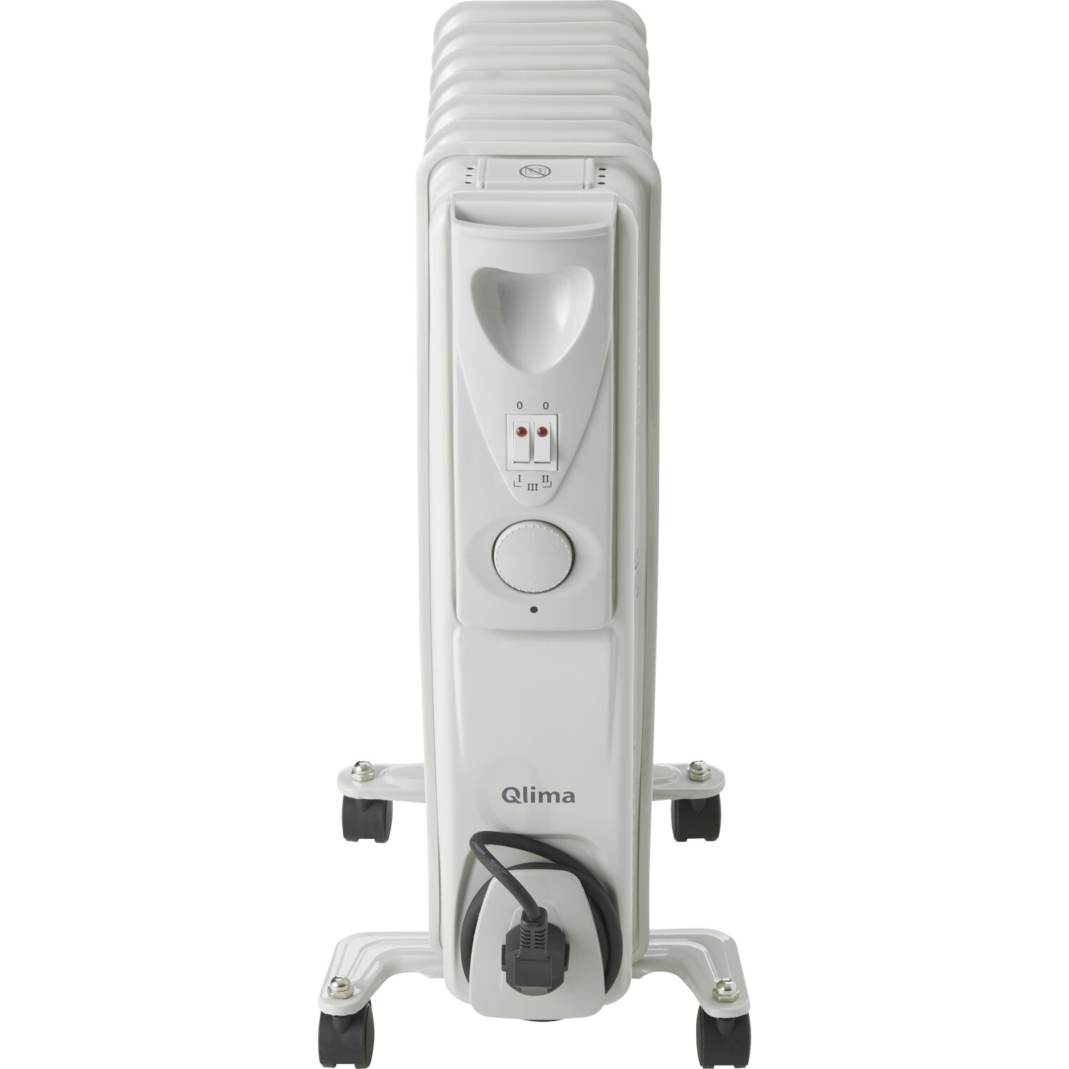 Een witte oliegevulde radiator met bedieningselementen en een netsnoer.
