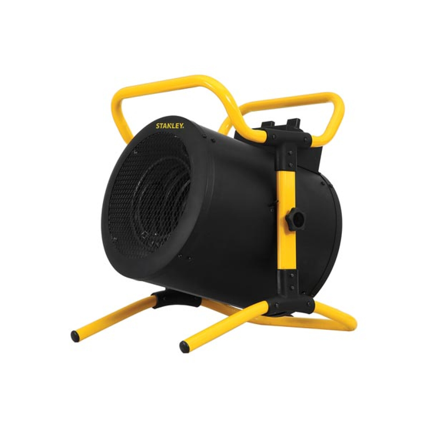 Riscaldatore industriale nero e giallo. Maniglia e gambe gialle. Logo Stanley.