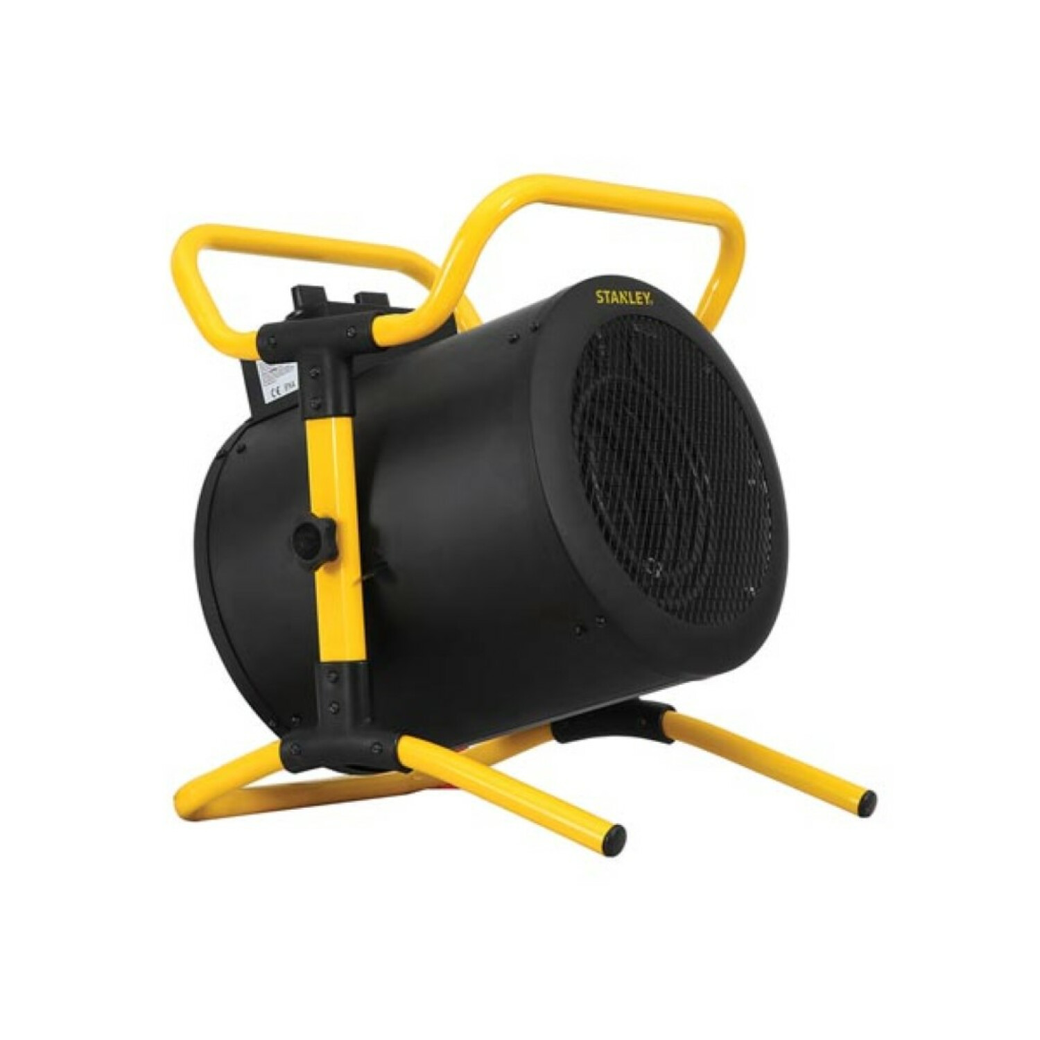 Czarno-żółty grzejnik wentylatorowy na białym tle.