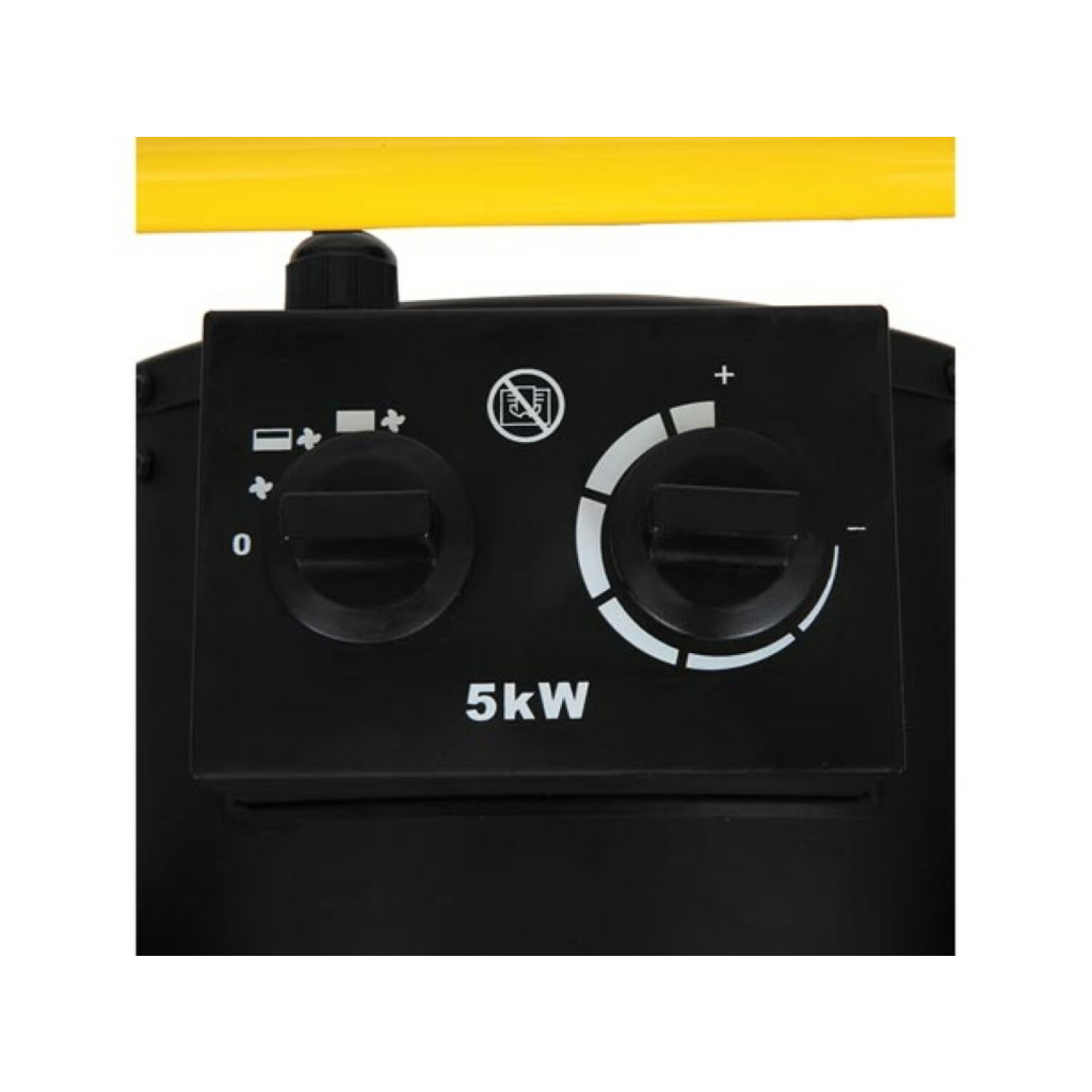 Zbliżenie czarnego panelu sterowania nagrzewnicą z pokrętłami i oznaczeniem 5kW.