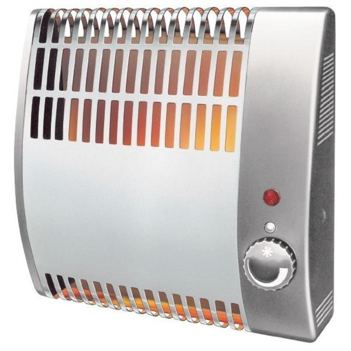 Termosifone argentato a parete con griglia, indicatore rosso e manopola. Elementi riscaldanti arancioni e marroni.