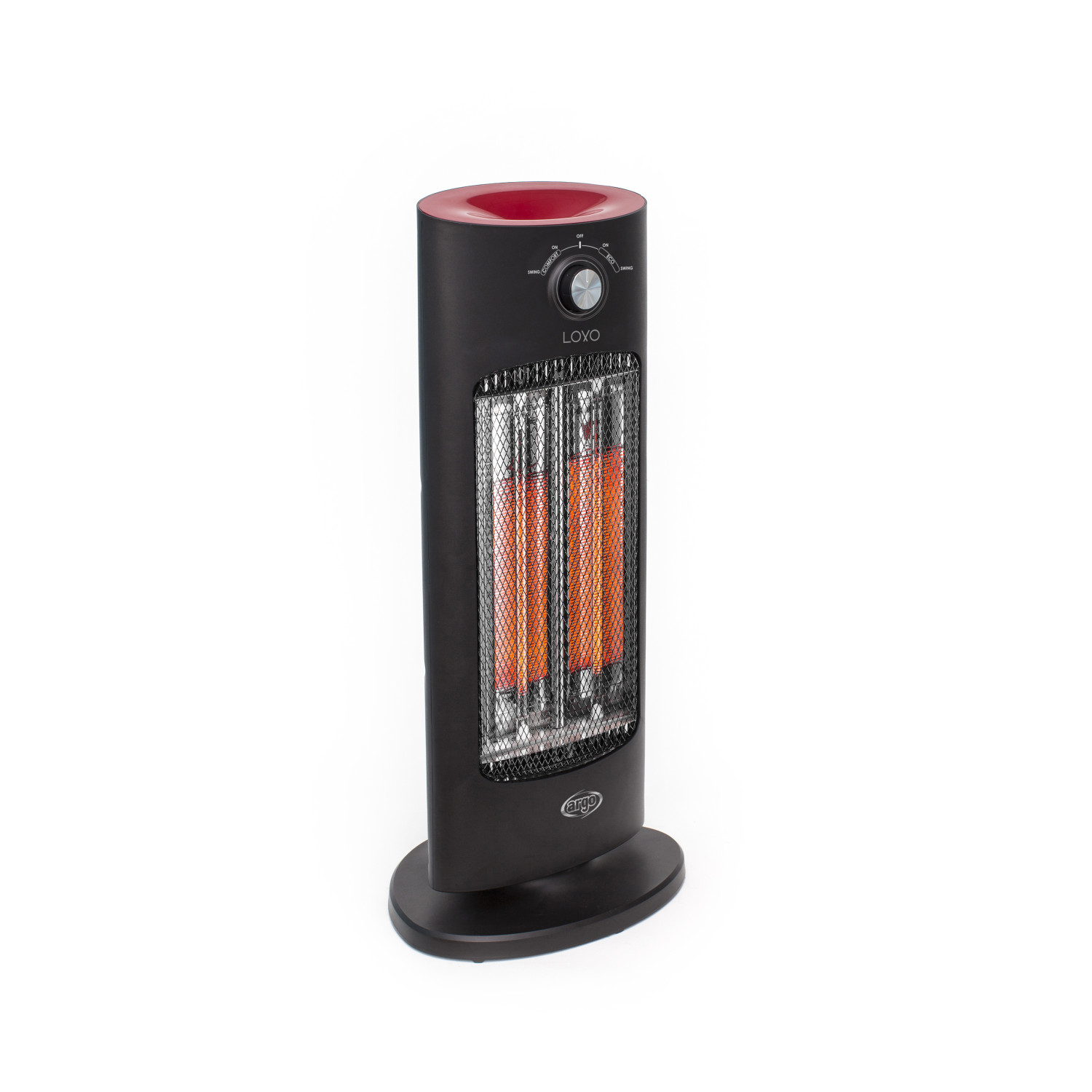 Termoventilatore a torre nero con parte superiore rossa, comandi ed elementi riscaldanti visibili.