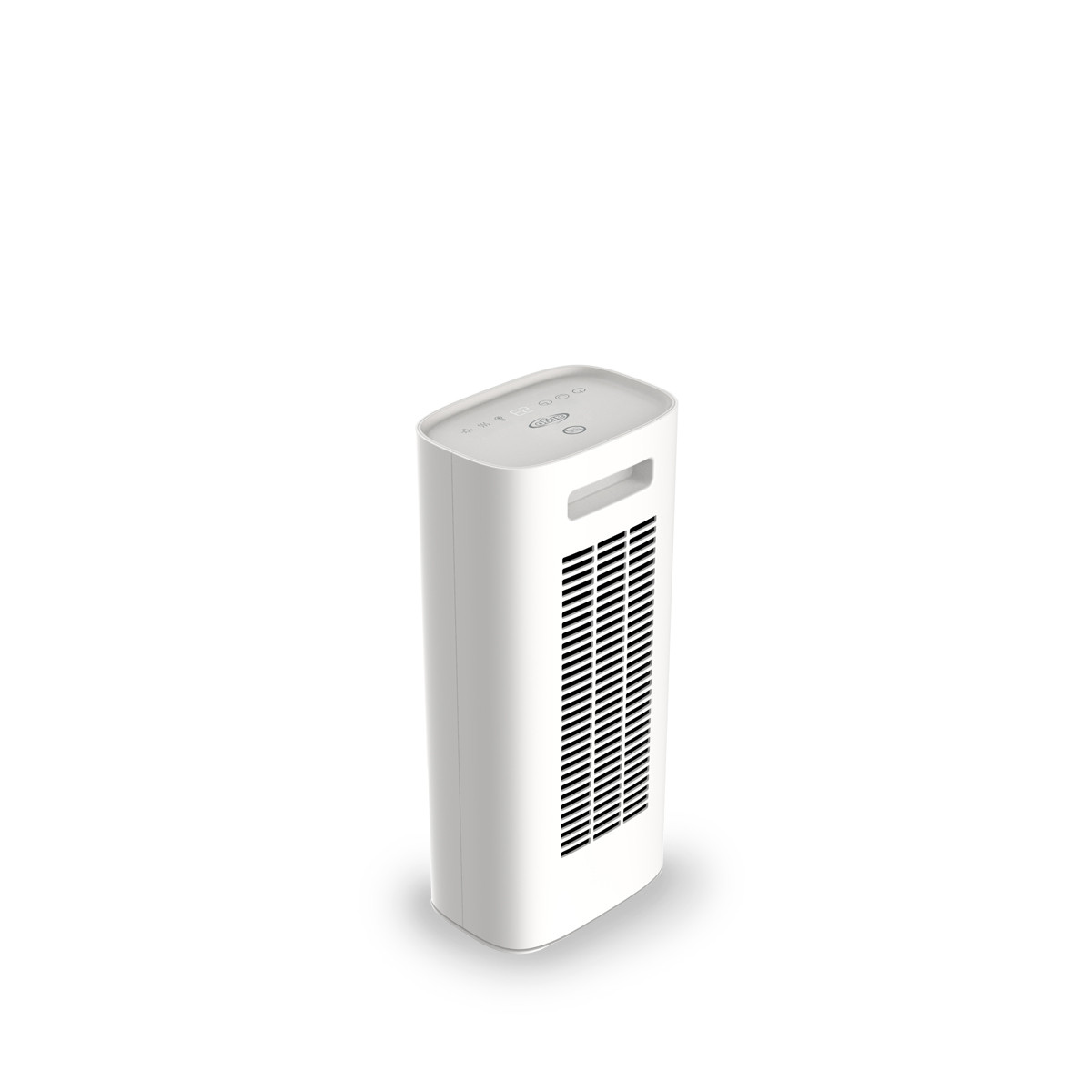 Termoventilatore bianco, alto e sottile. Ha una griglia nera e un pannello di controllo.