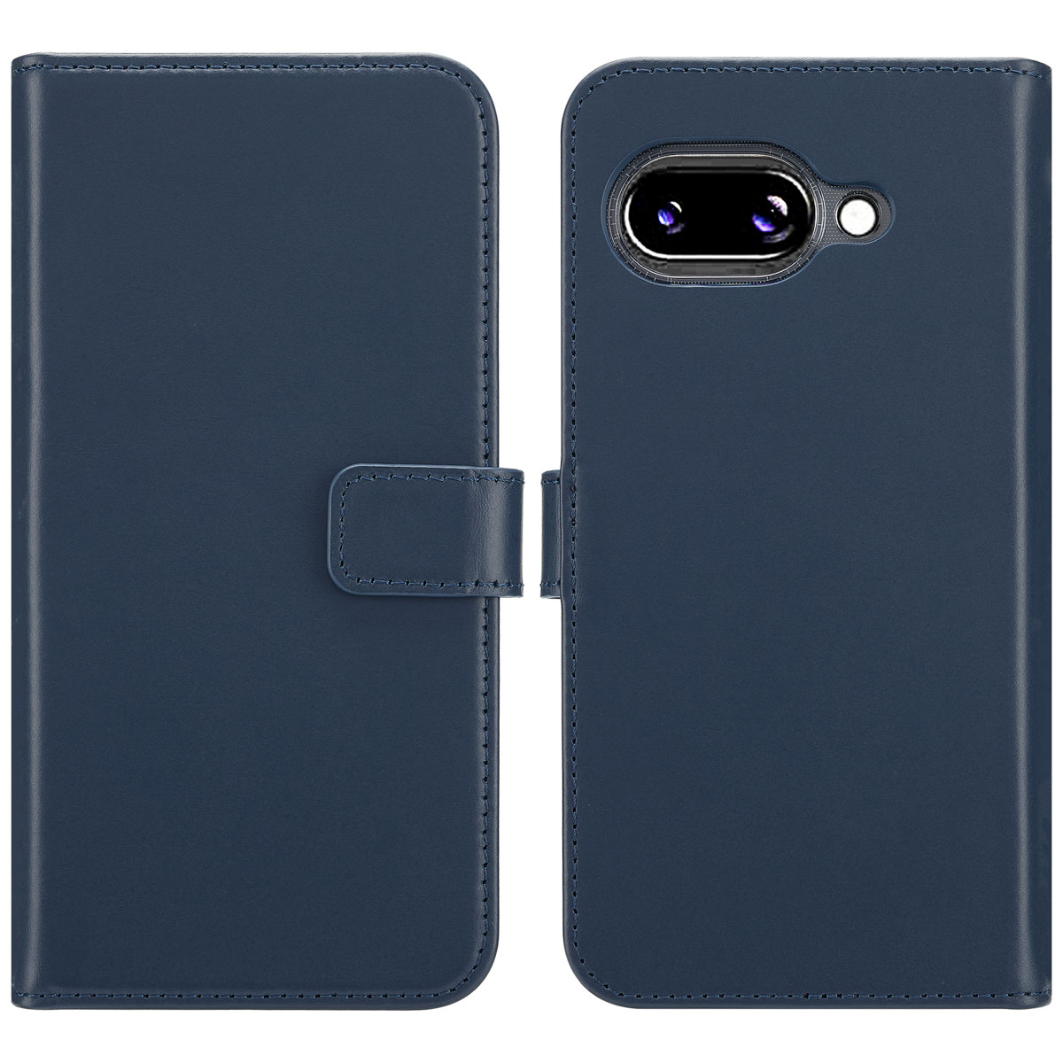 Blauwe telefoonhoes gesloten. De hoes heeft een magnetische sluiting. De binnenkant is ook blauw.