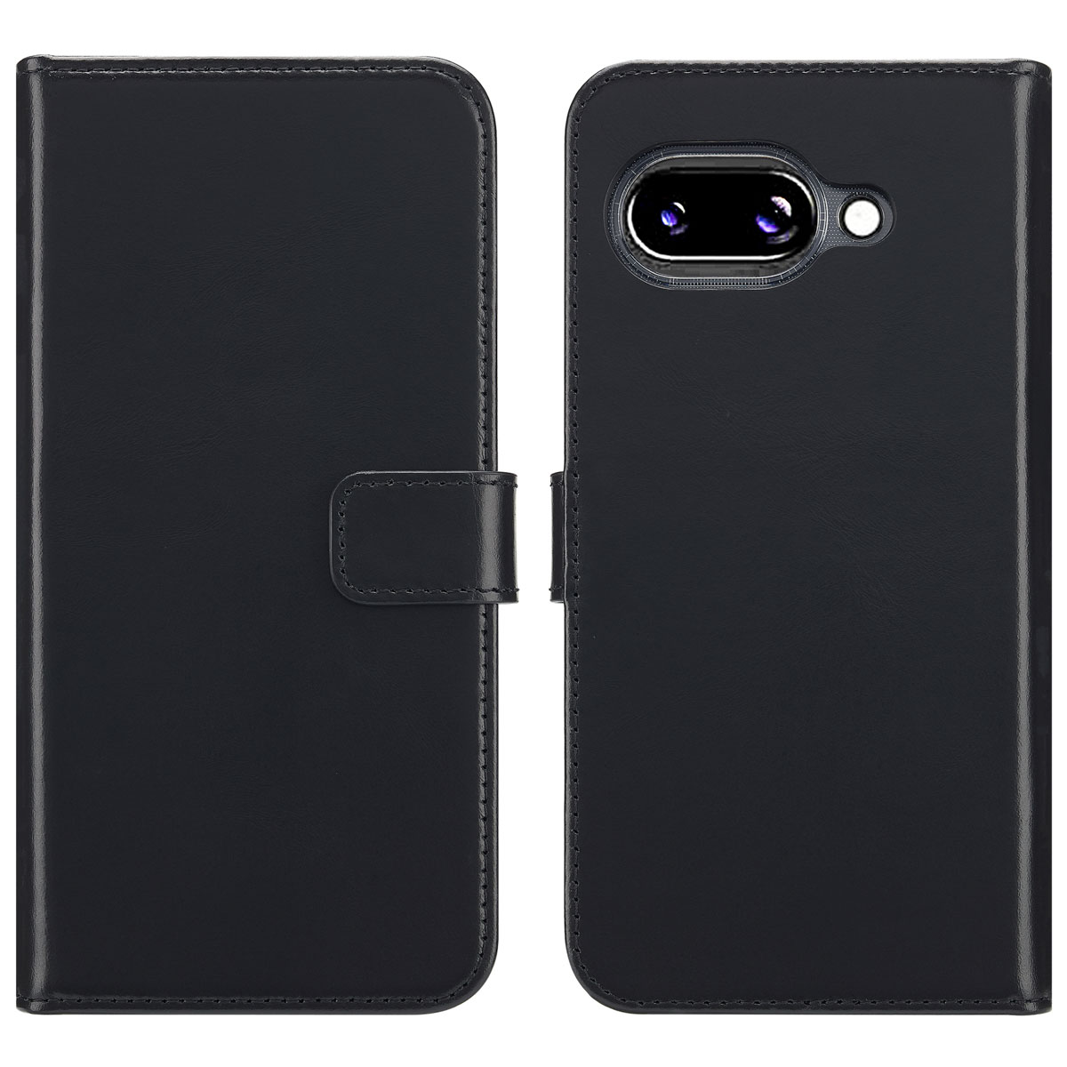 Zwarte telefoonhoes, open en dicht. Telefoon met dubbele camera zichtbaar binnenin.