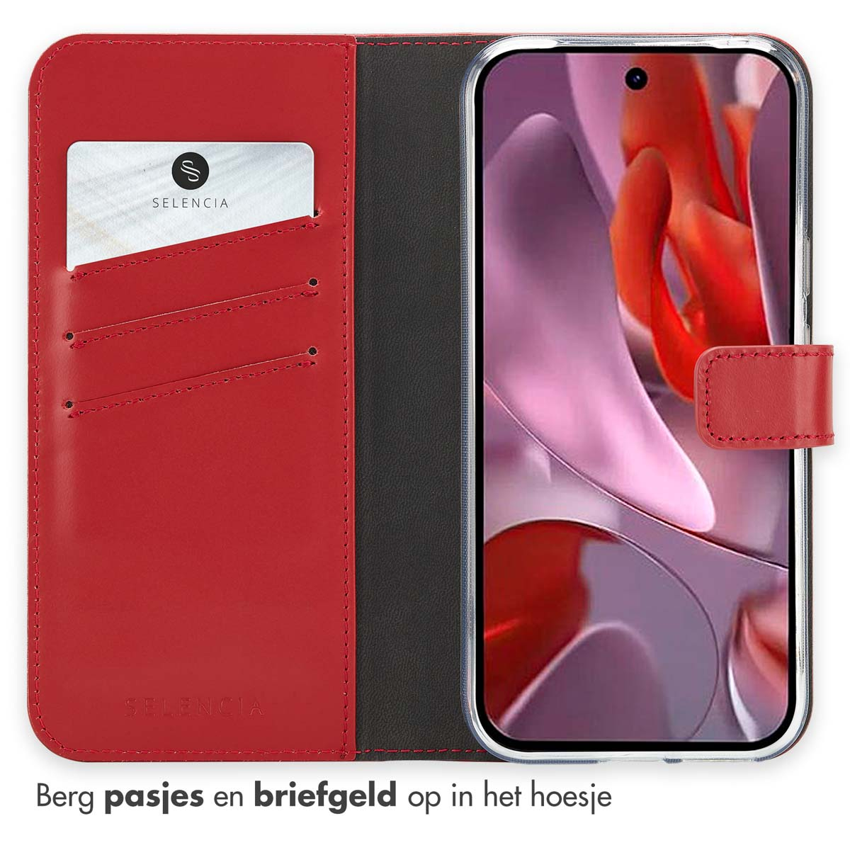 Red leather phone case open, showing a card and a phone. Gray and red color scheme.