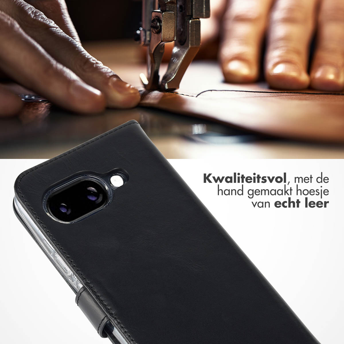 Close-up van een zwarte telefoonhoes met stiksels en een lederen uitstraling.