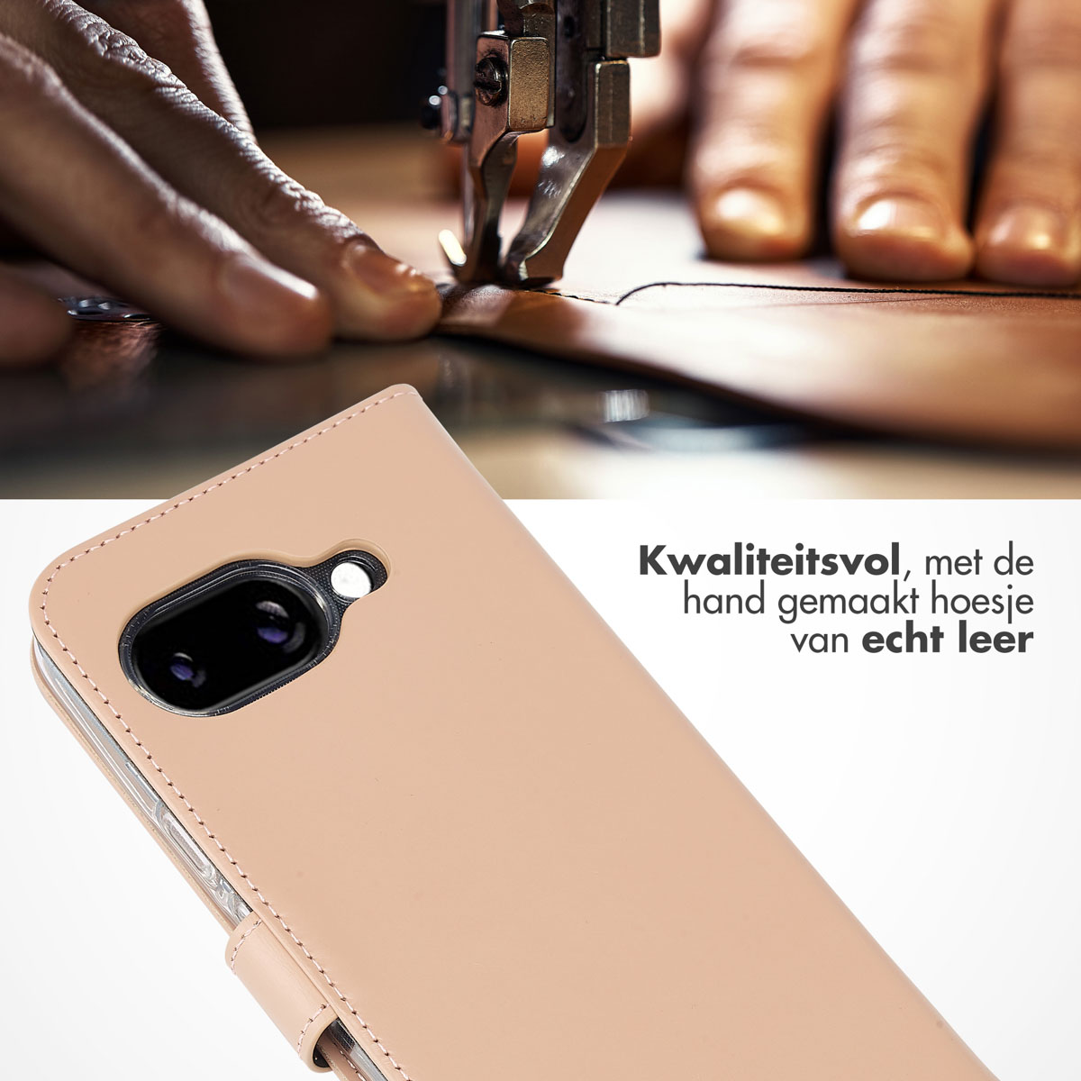 Beige leren telefoonhoesje met een telefooncontour en tekst. Naaimachine op de achtergrond.
