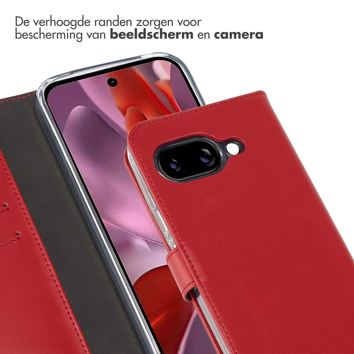 Red phone case with a phone in it. The case provides protection for the screen and camera.