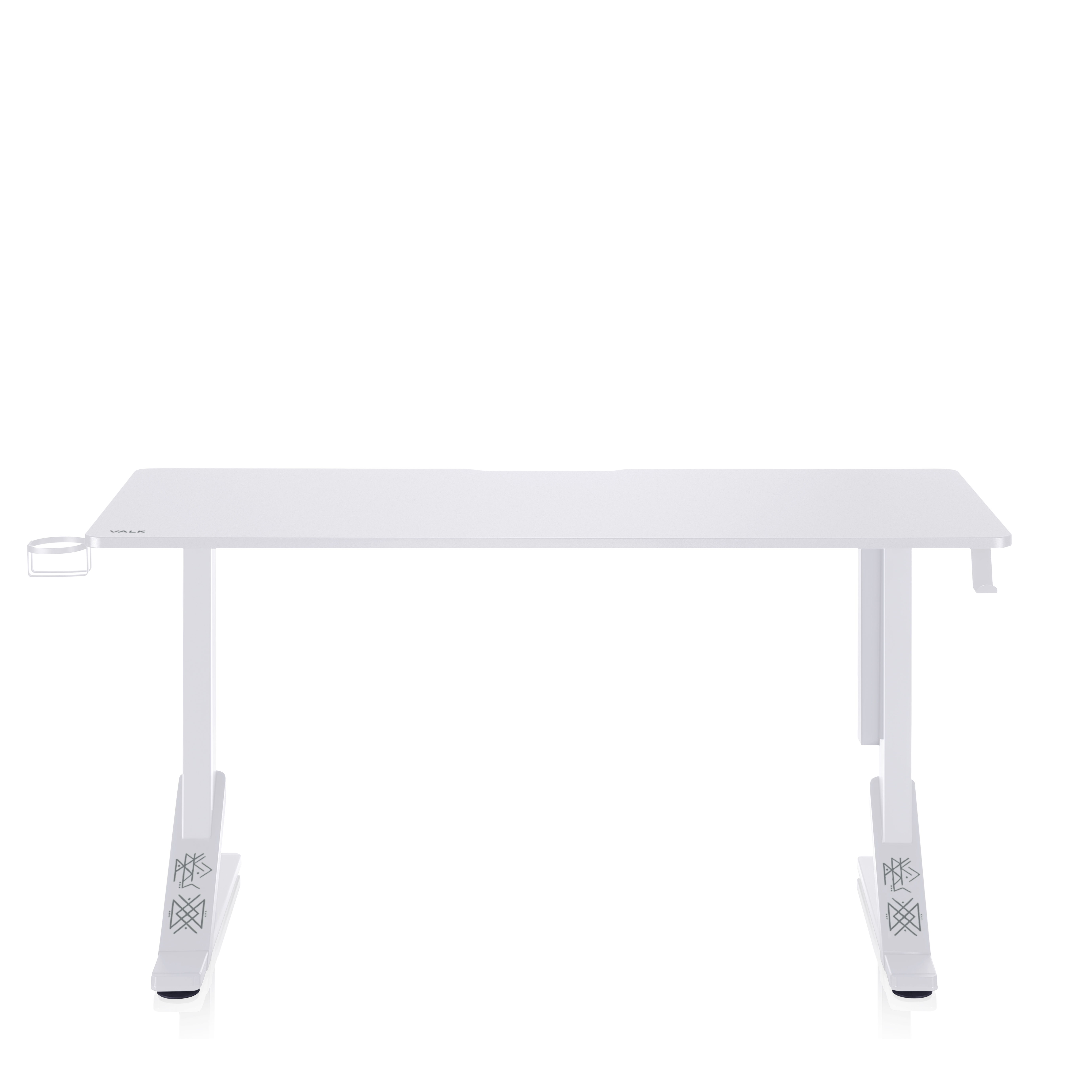 Un escritorio de juego blanco con un portavasos y un gancho lateral.