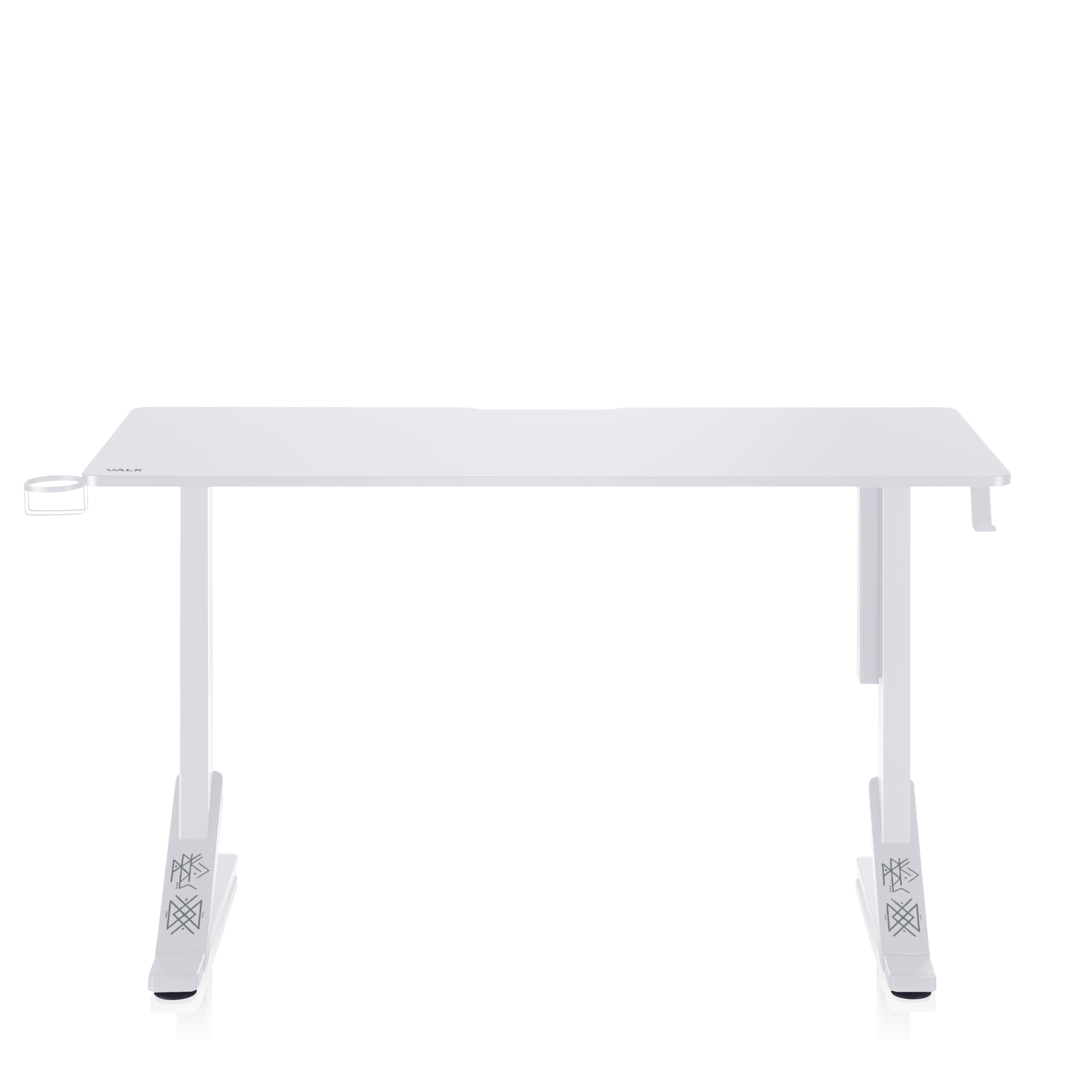 Escritorio gaming Valo blanco con dos patas y un portavasos en el lado izquierdo.