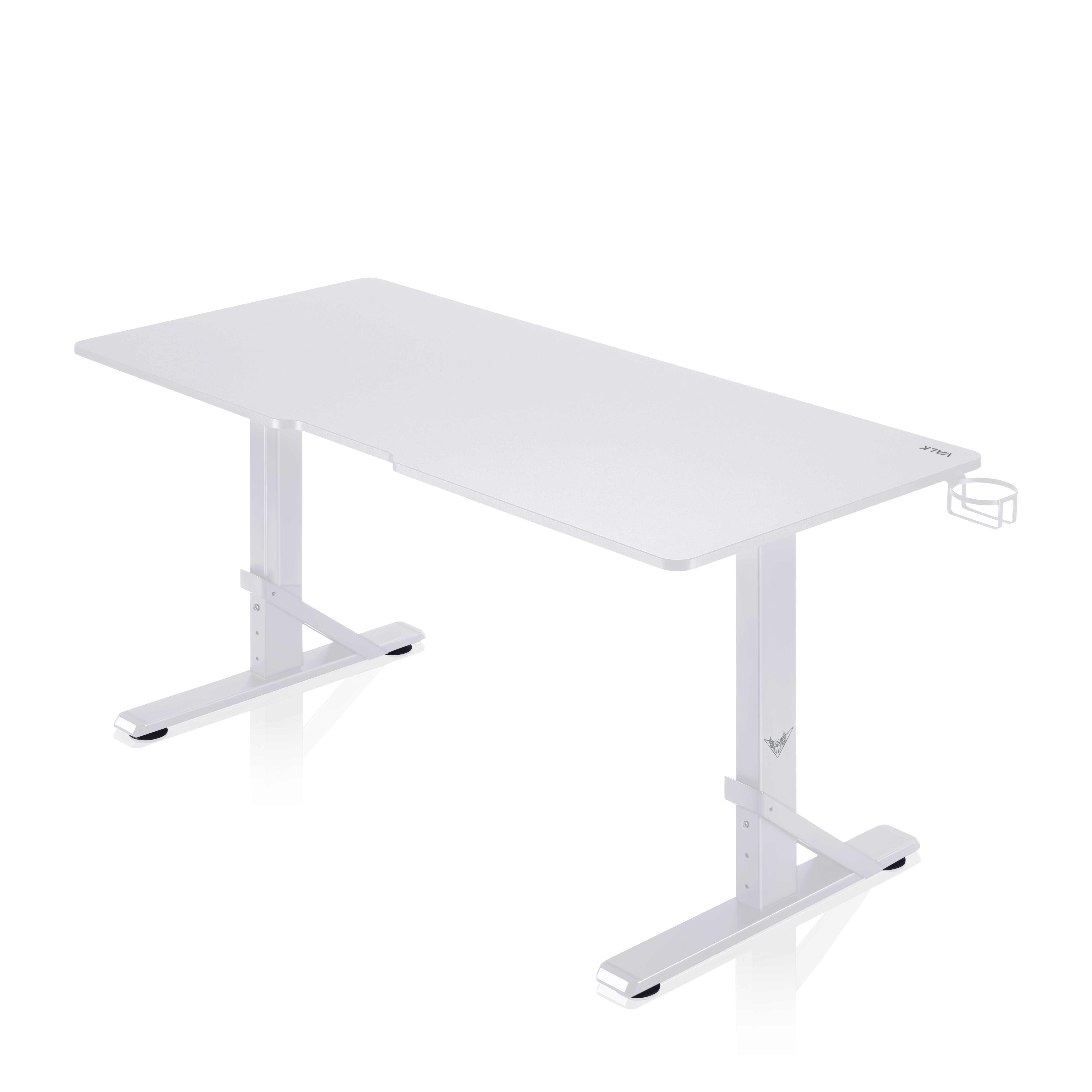 Escritorio blanco ajustable en altura. Tiene tapa rectangular, dos patas y portavasos.