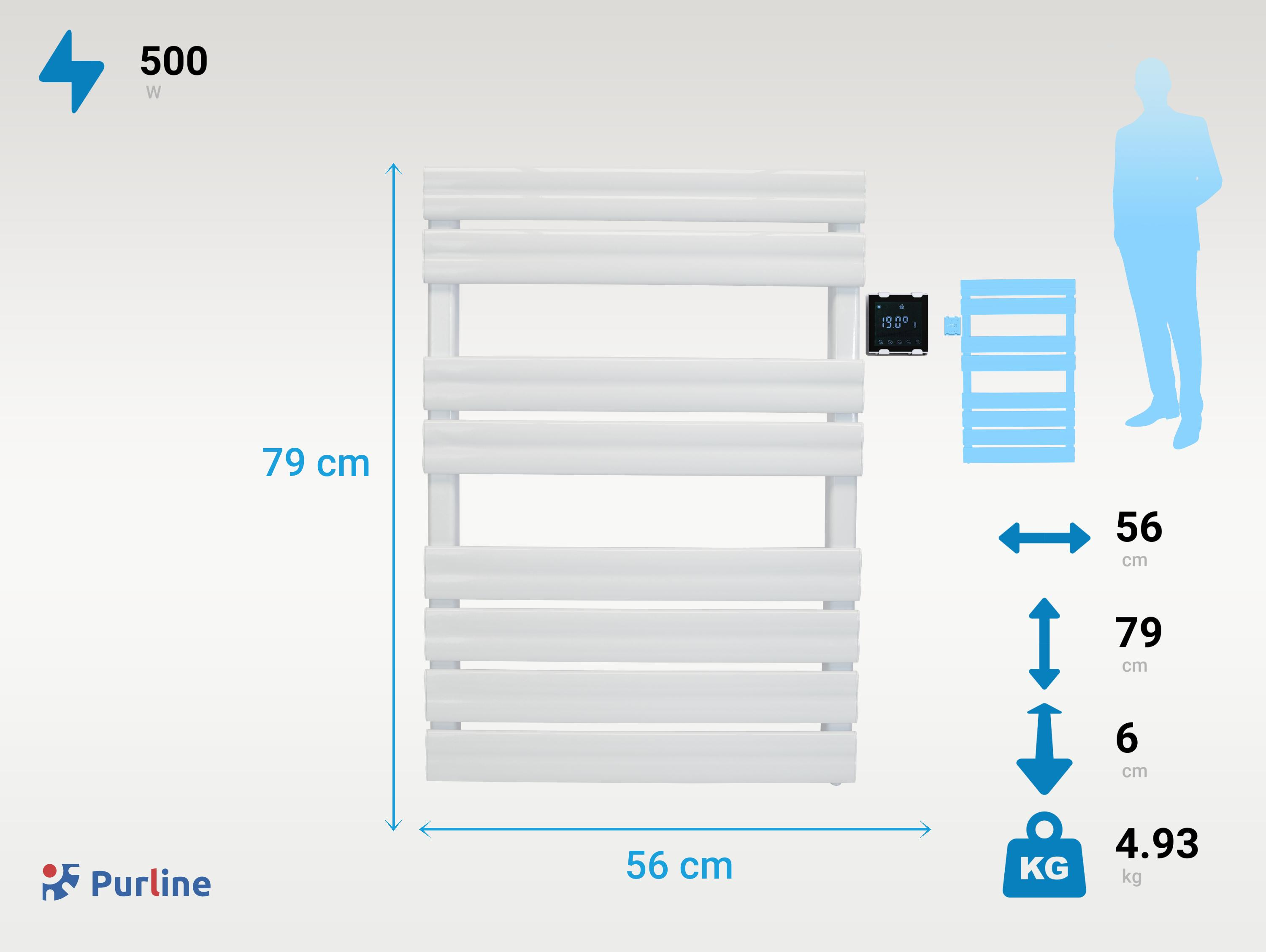 Toallero calefactor blanco con dimensiones y silueta de persona, con medidas.