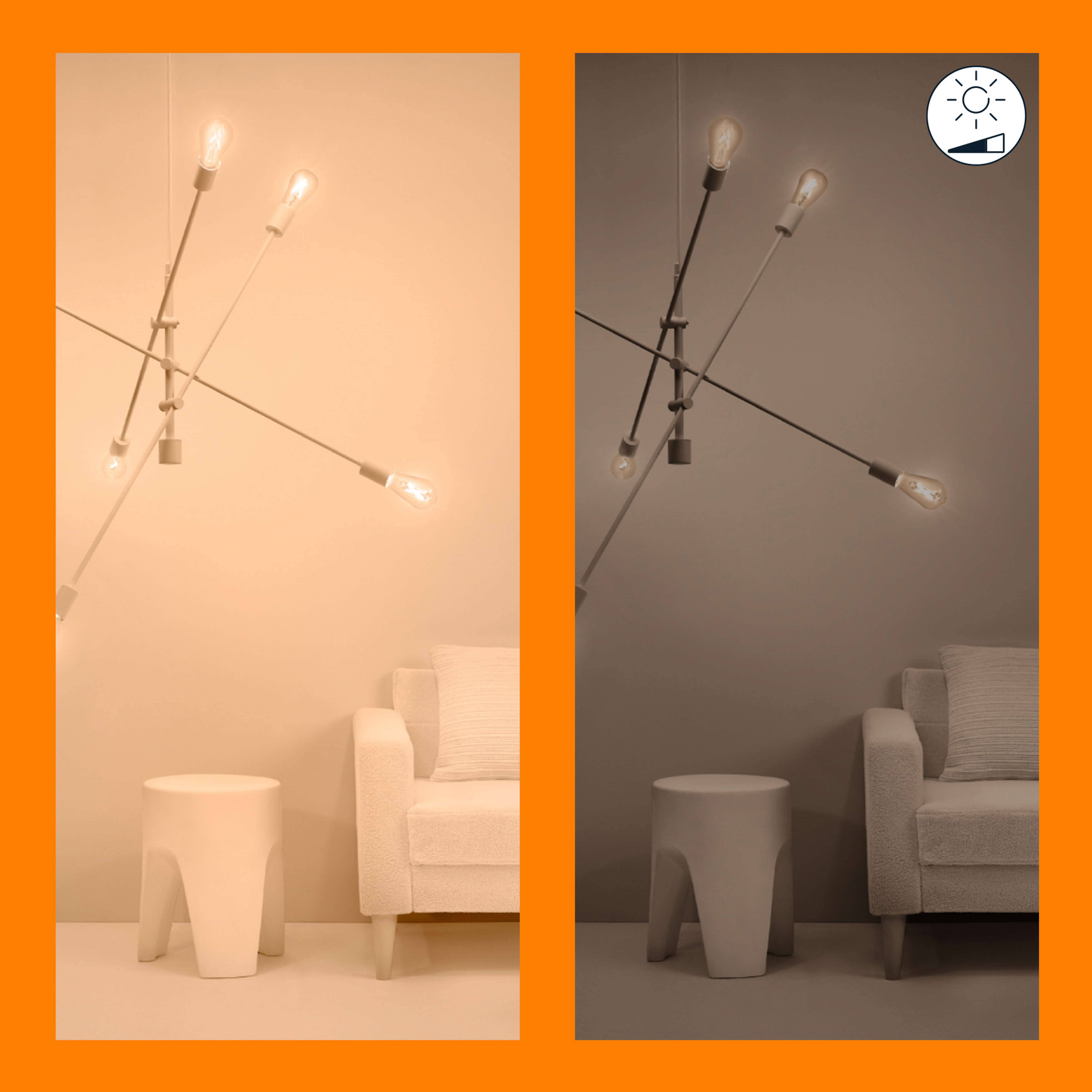 Two images side-by-side showing a modern lamp with dimming control. The left is bright, the right is dimmer.