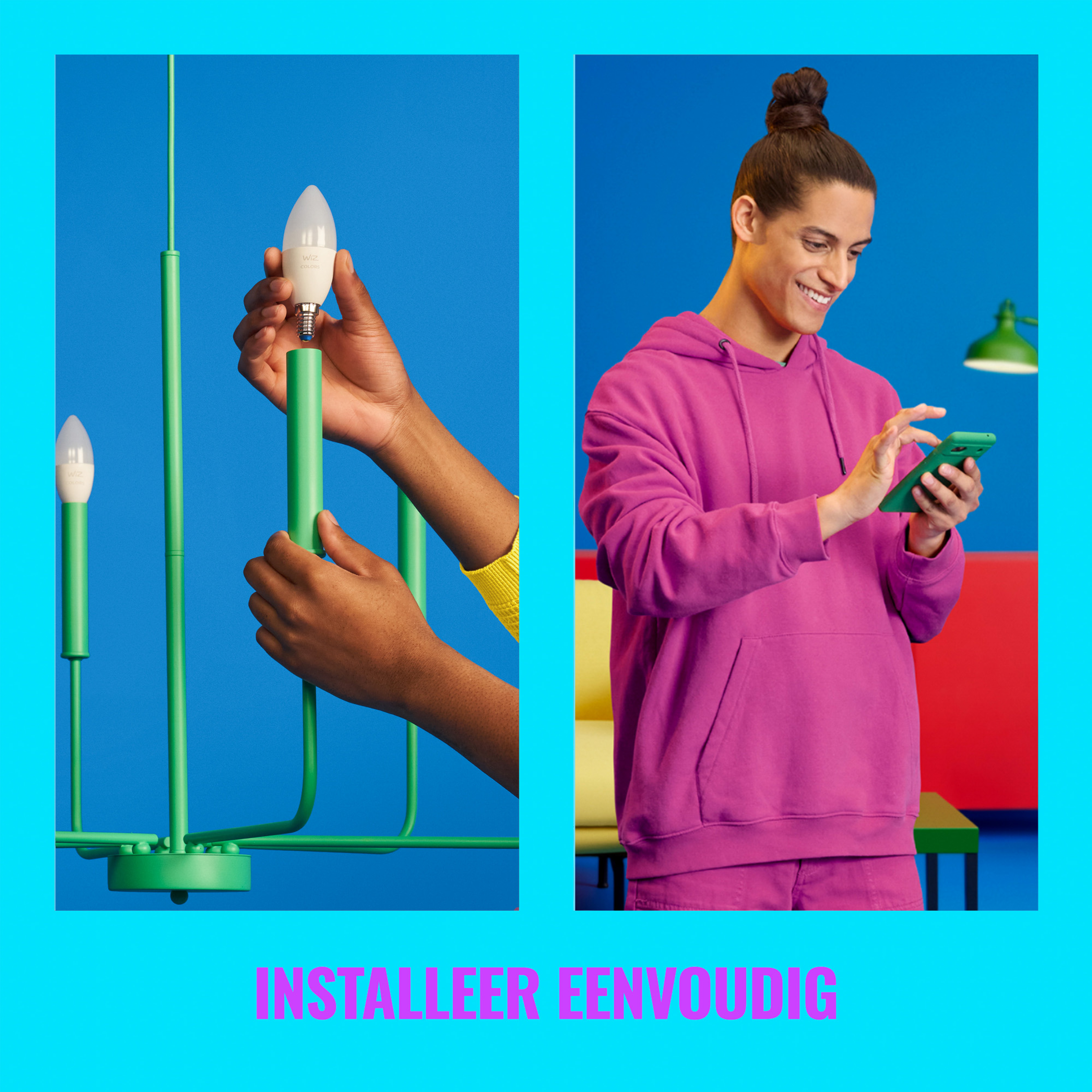 Twee afbeeldingen. Eén toont een persoon die een gloeilamp installeert. De andere toont een persoon die een telefoon gebruikt.