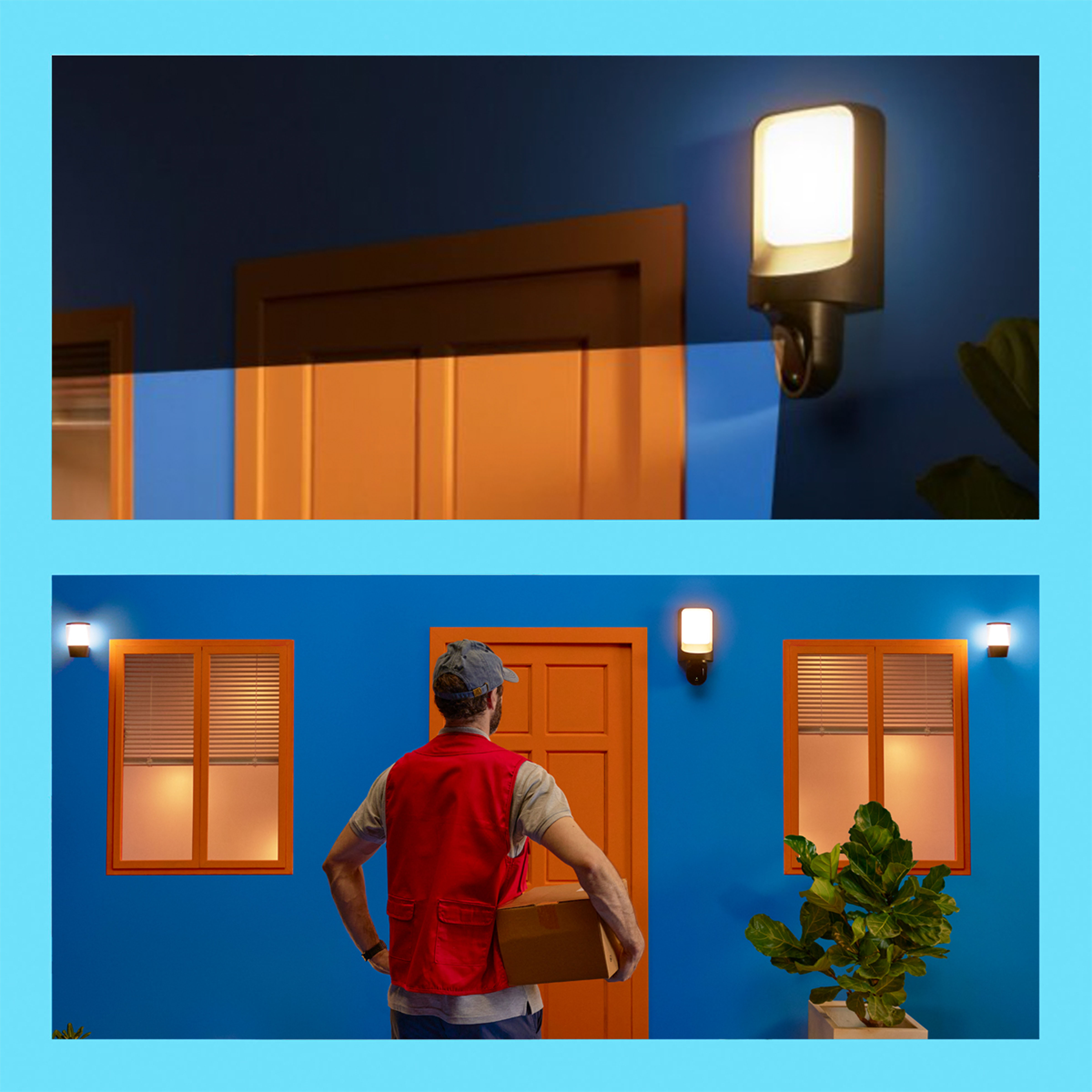 A man in a red vest, holding a box, in front of a blue house with orange accents.