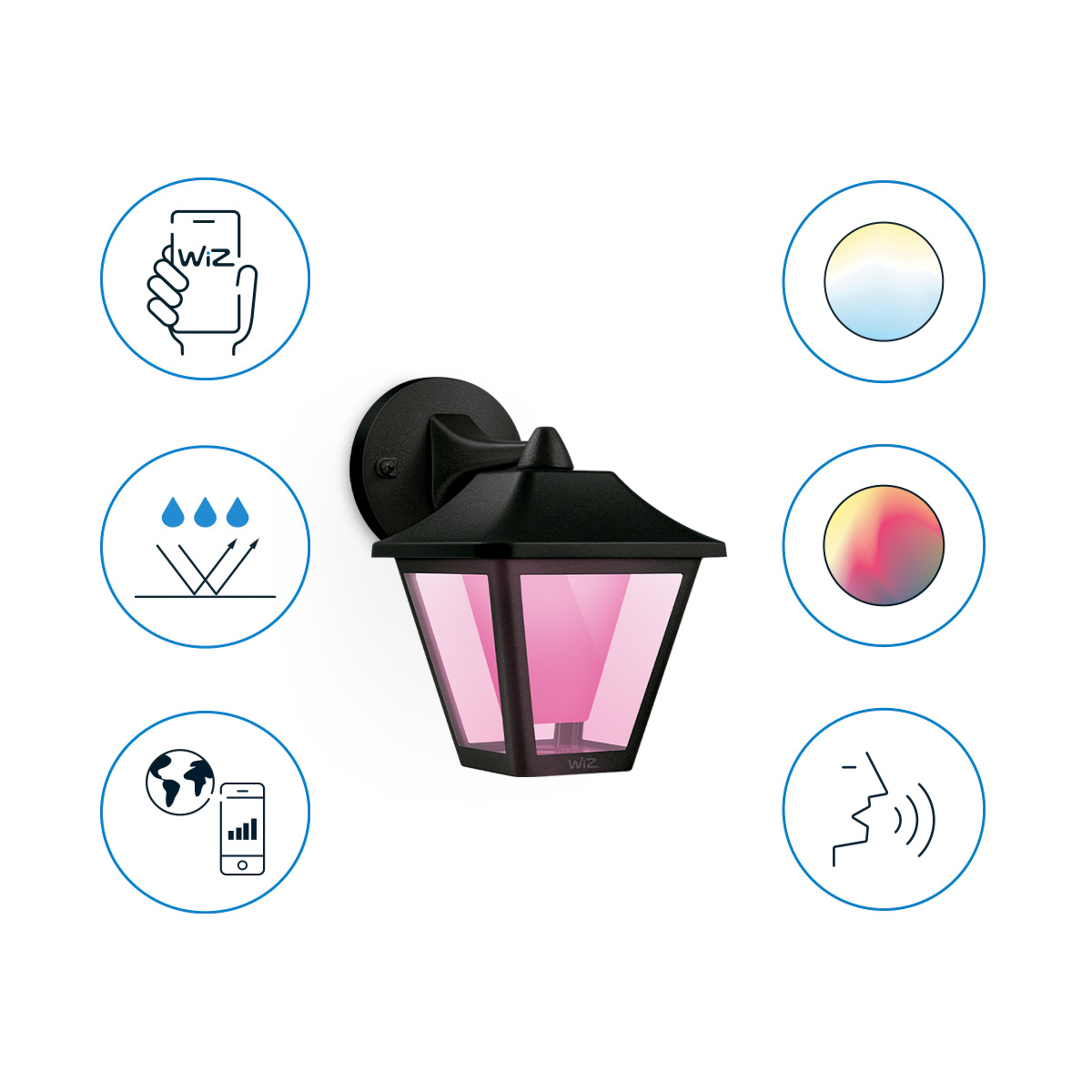 Black outdoor lamp with pink light. Icons around indicate light features.