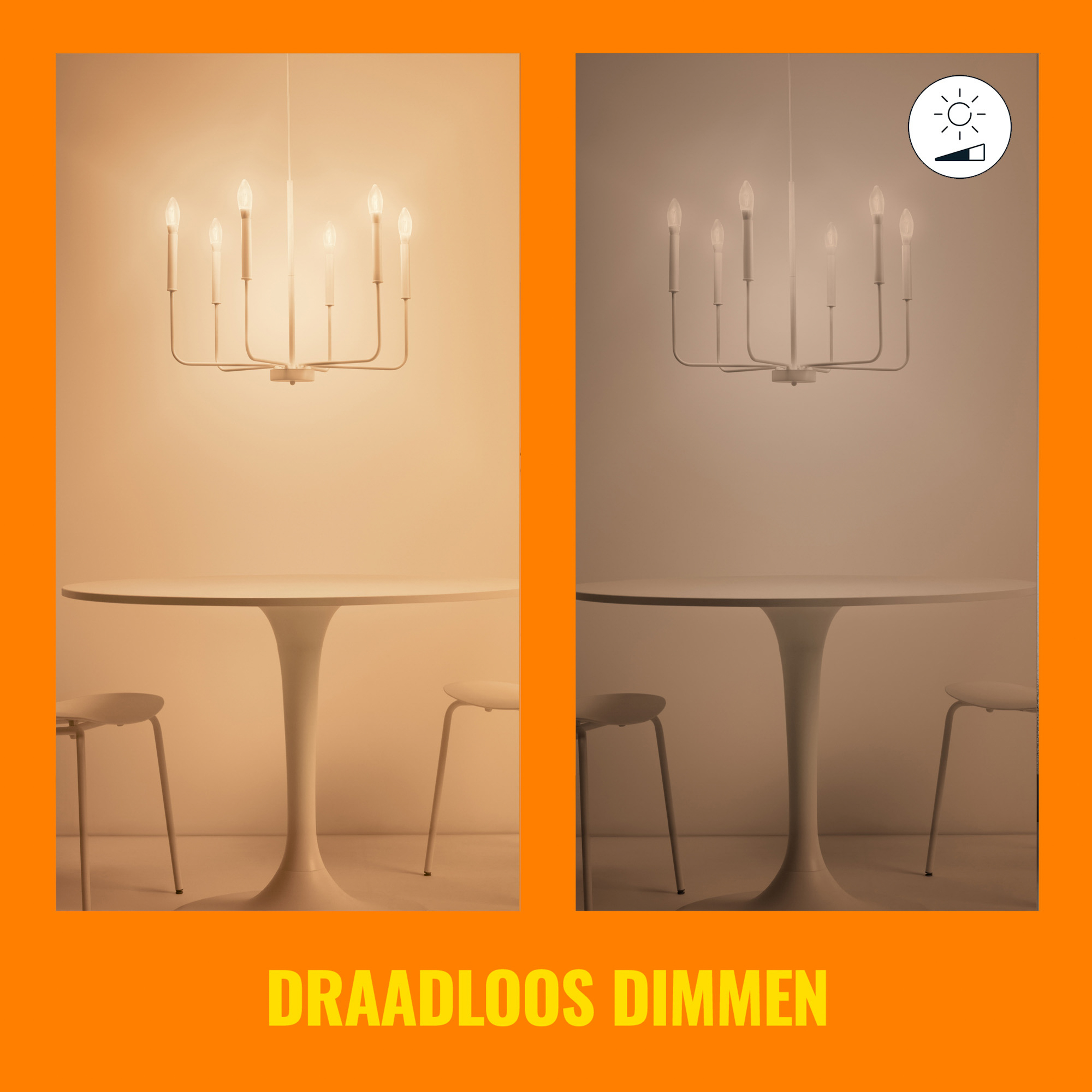 Twee afbeeldingen van een kroonluchter met dimopties. Witte kroonluchter, witte tafel.