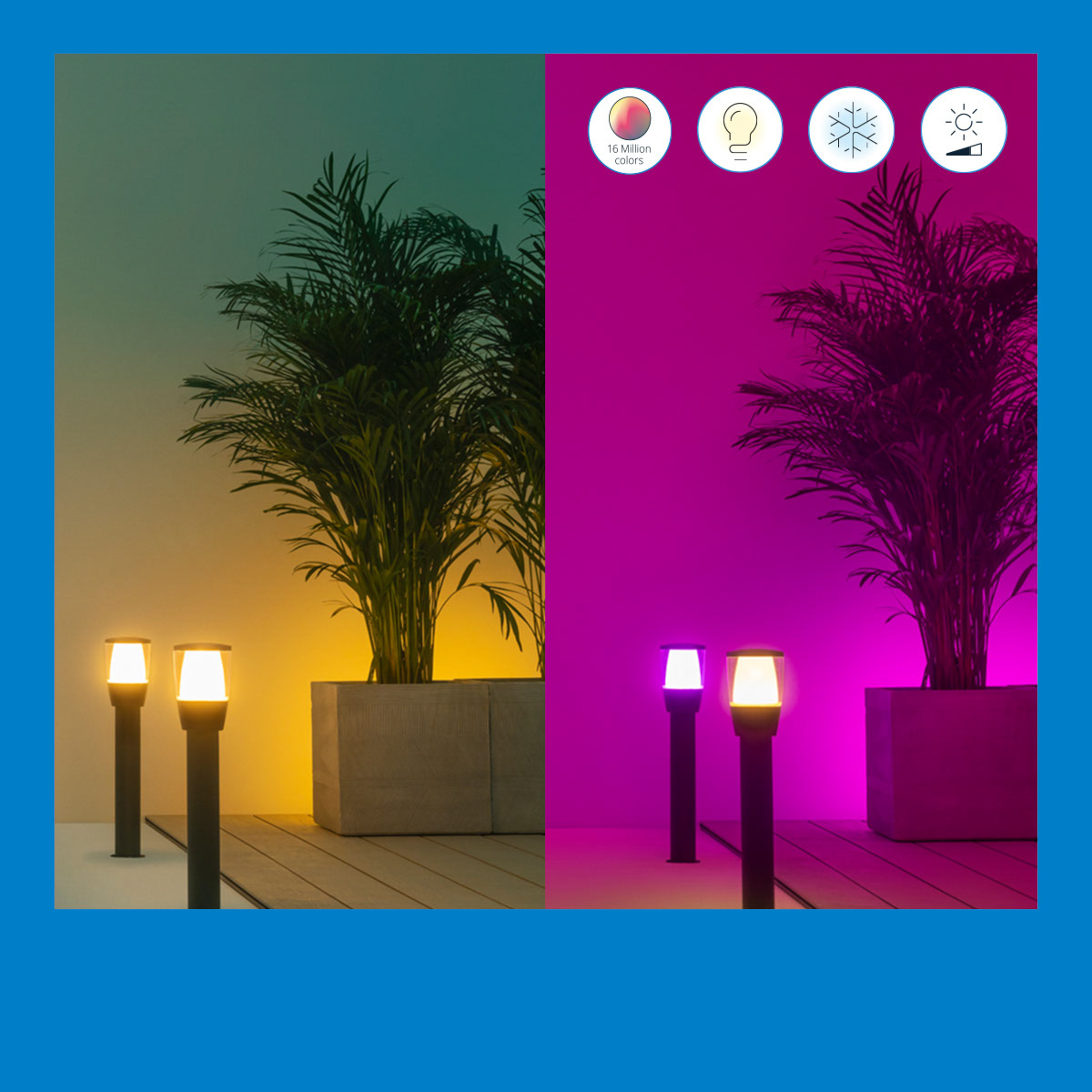Twee buitenpadverlichting. De ene kant toont een groen-gele lichtinstelling, de andere een roze.