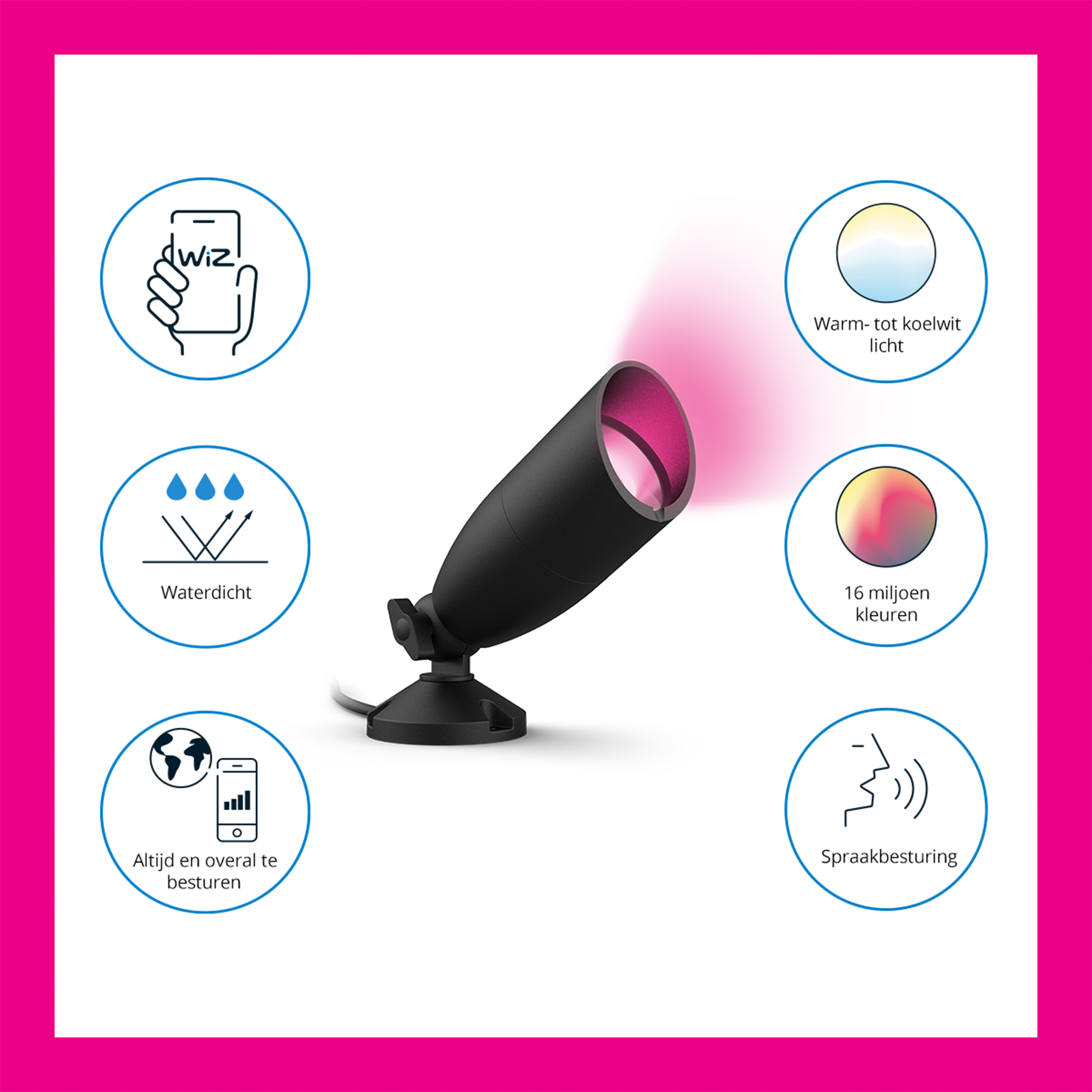 Black spotlight with colored light effects. Pink background, various icons.