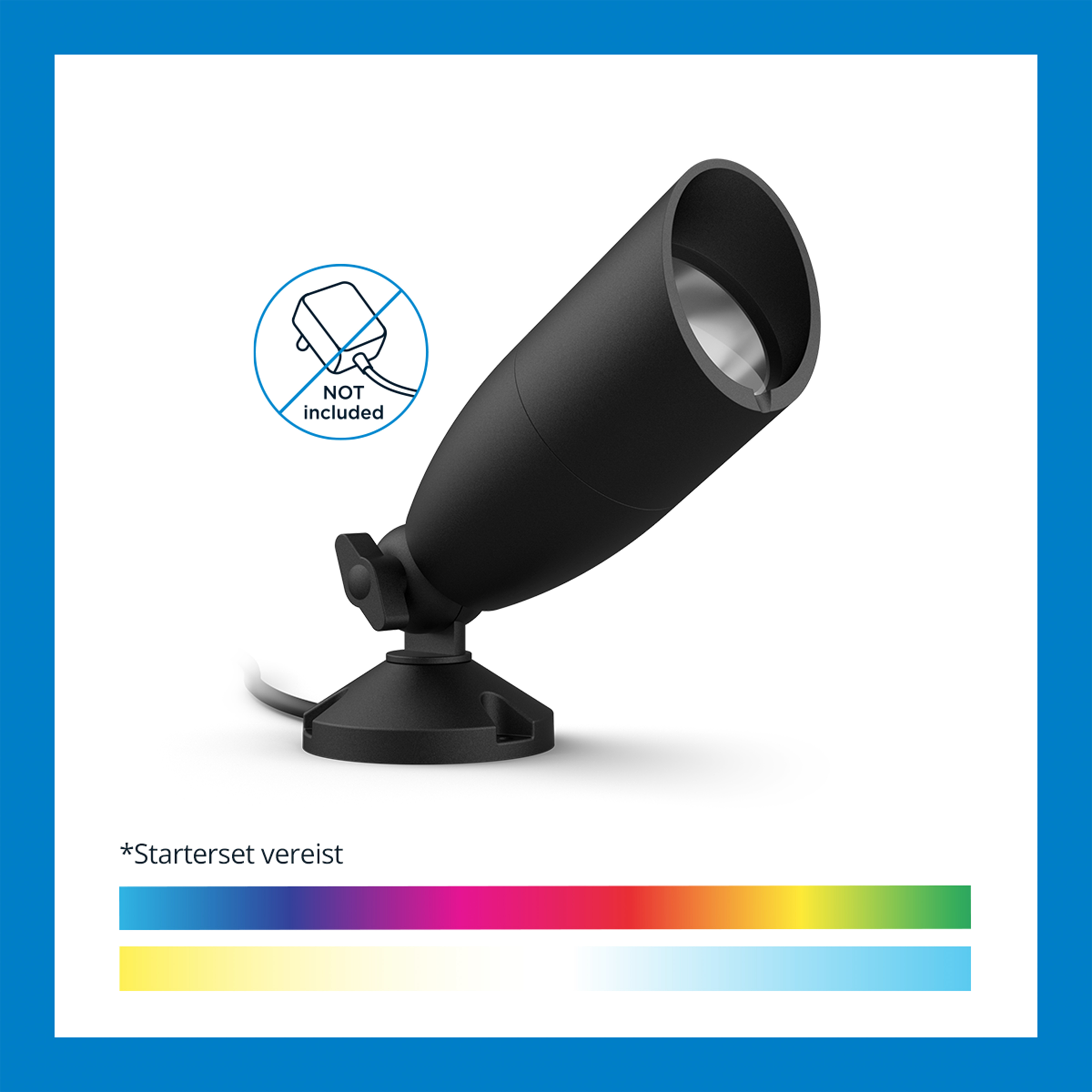 Black outdoor spotlight with a cable, with a color spectrum. The text says 'not included' for a power adapter.