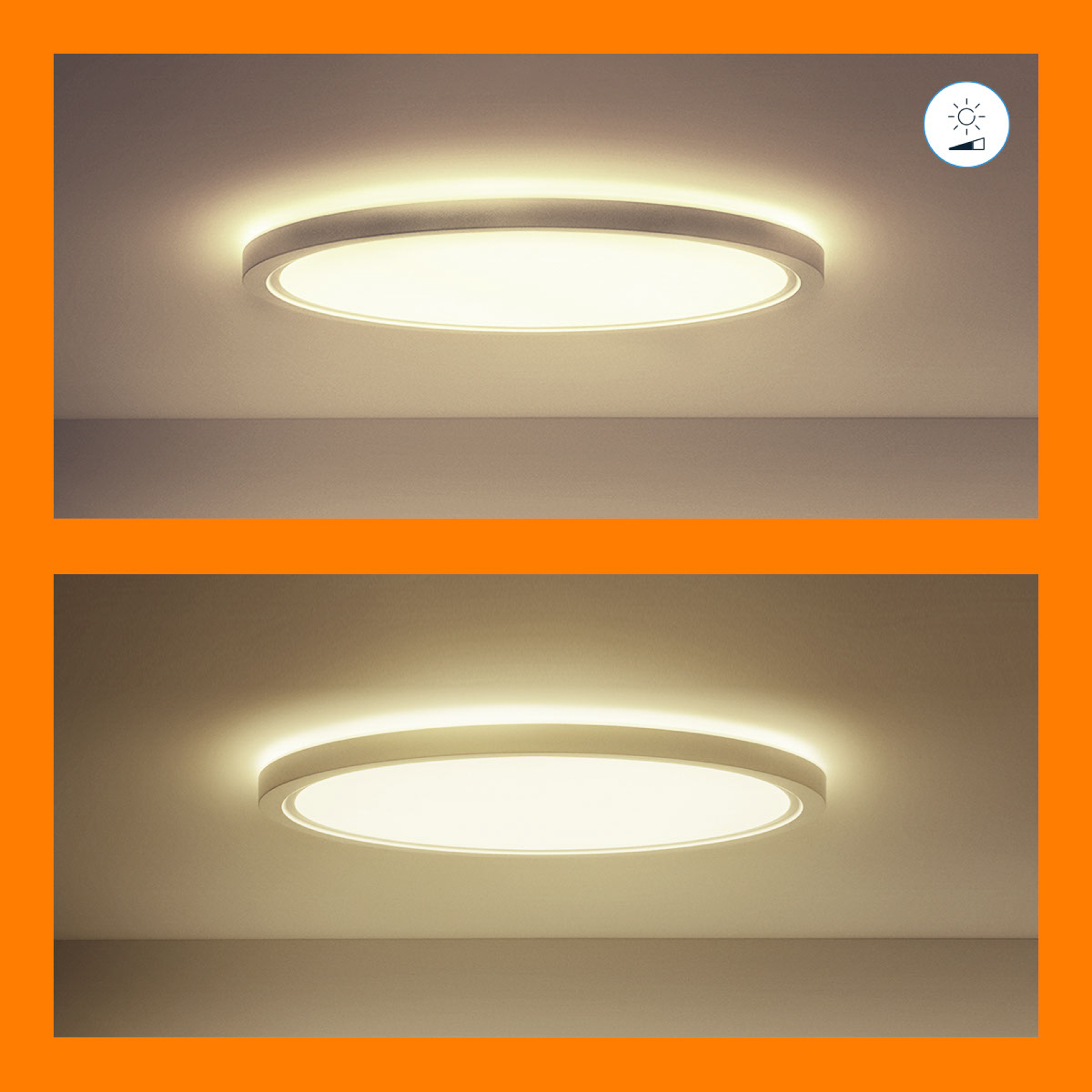 Deux images montrent une lumière de plafond avec une luminosité réglable, avec différents niveaux de lumière. La lumière est ronde et blanche.