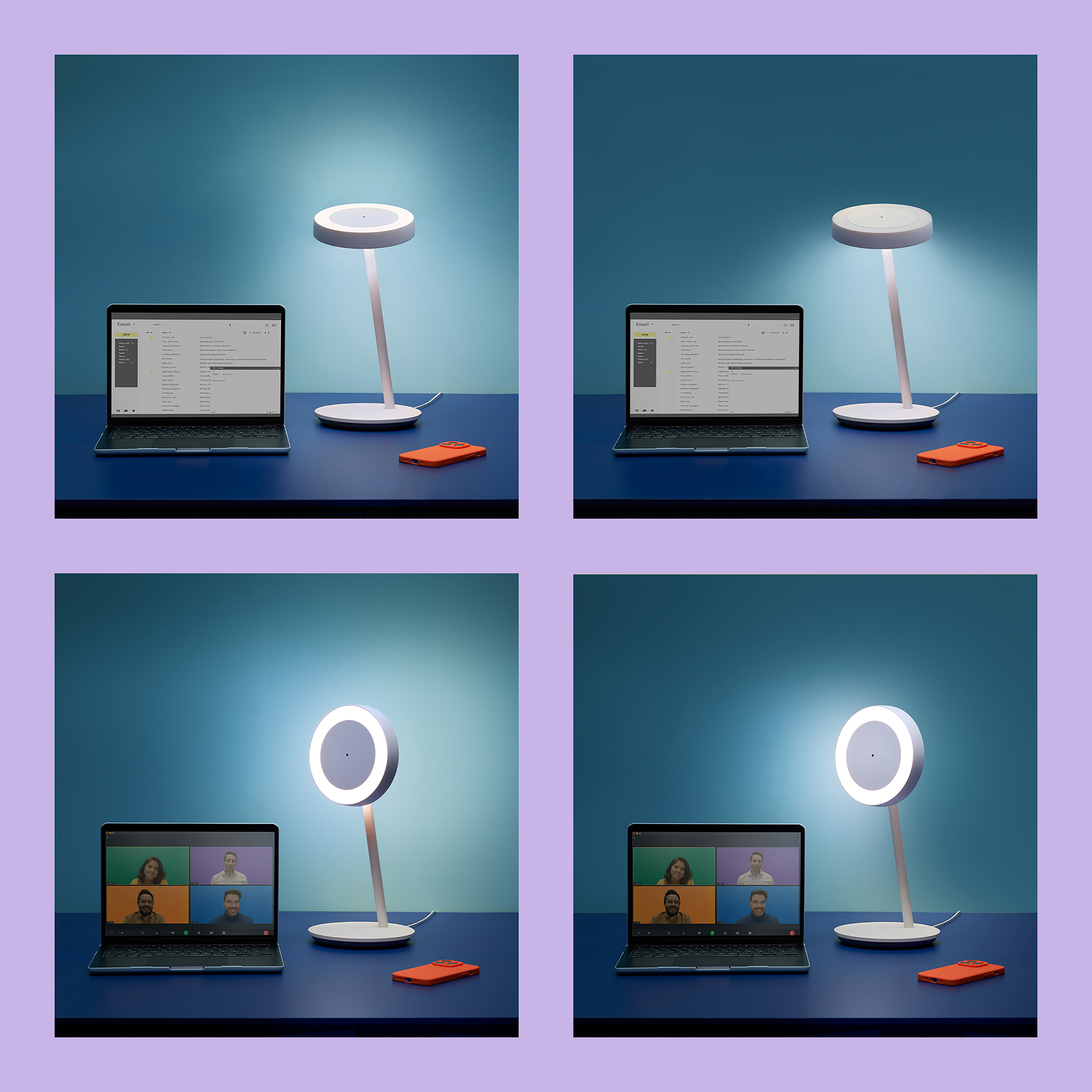 Cztery obrazy prezentujące laptopa i lampę biurkową z różnymi ustawieniami światła.