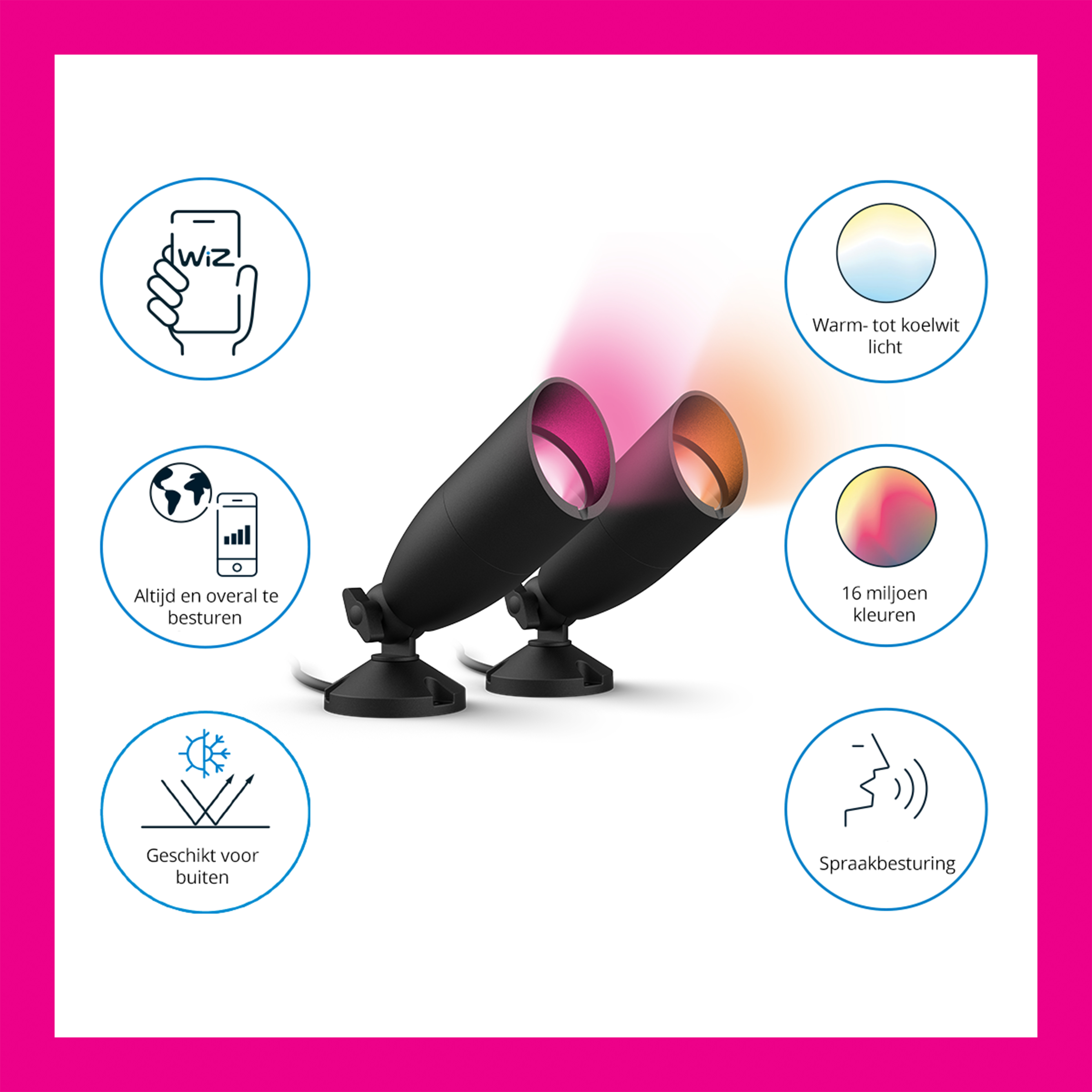 Two black spotlights emitting colorful light. The image has icons describing features and functionality.