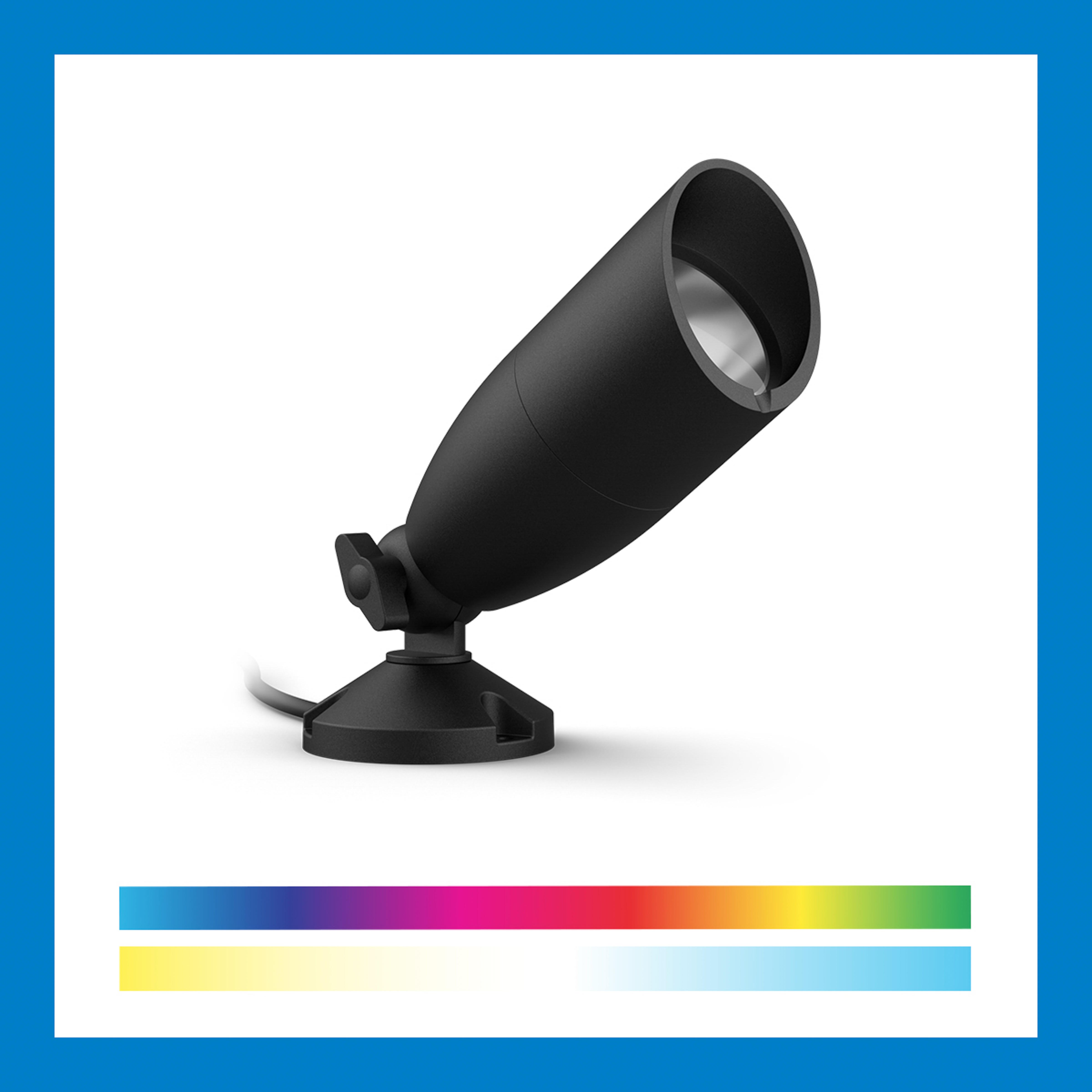 A black outdoor spotlight with a blue frame and a color spectrum bar below it.
