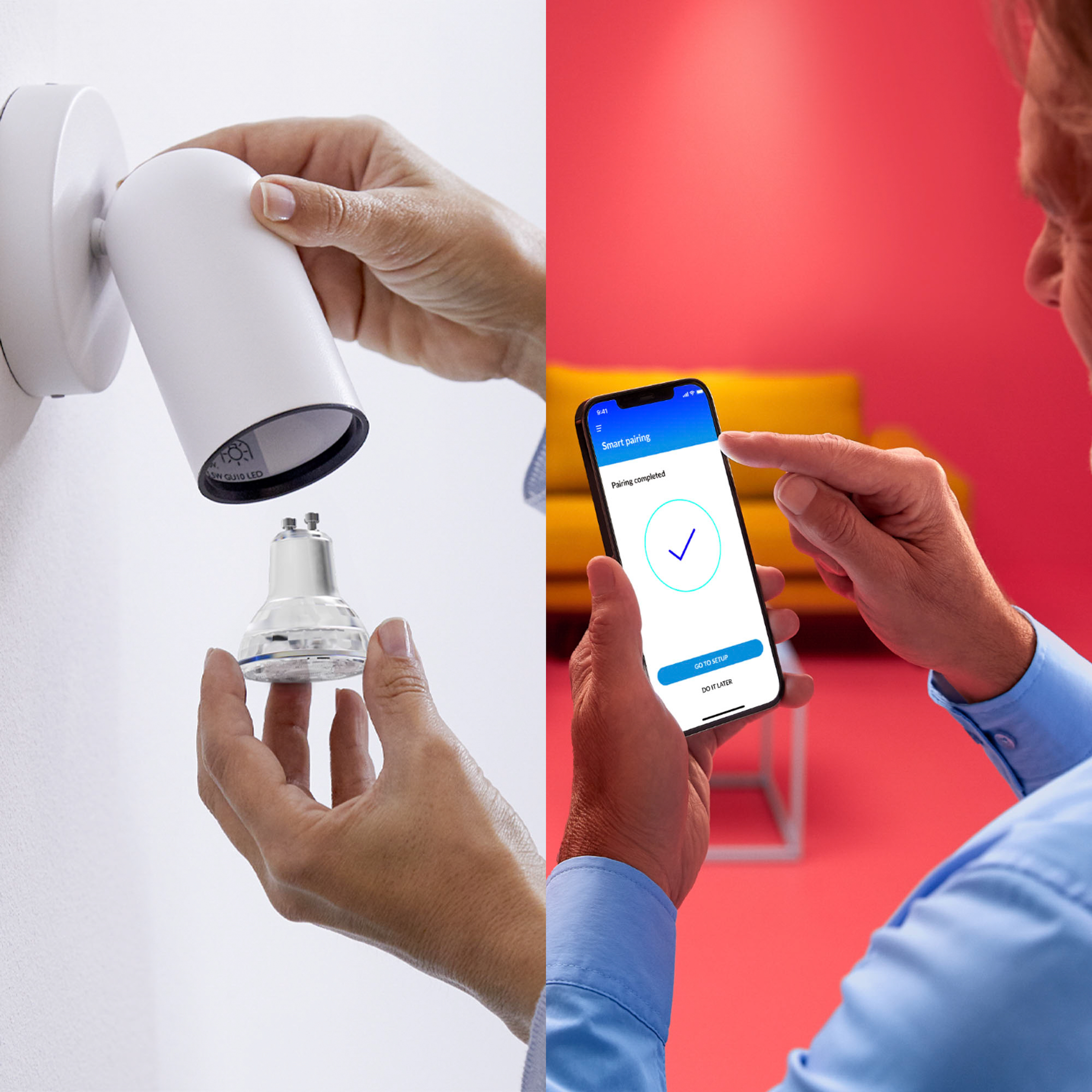 Hombre instalando una bombilla. Teléfono inteligente con pantalla de emparejamiento completa. Blanco.