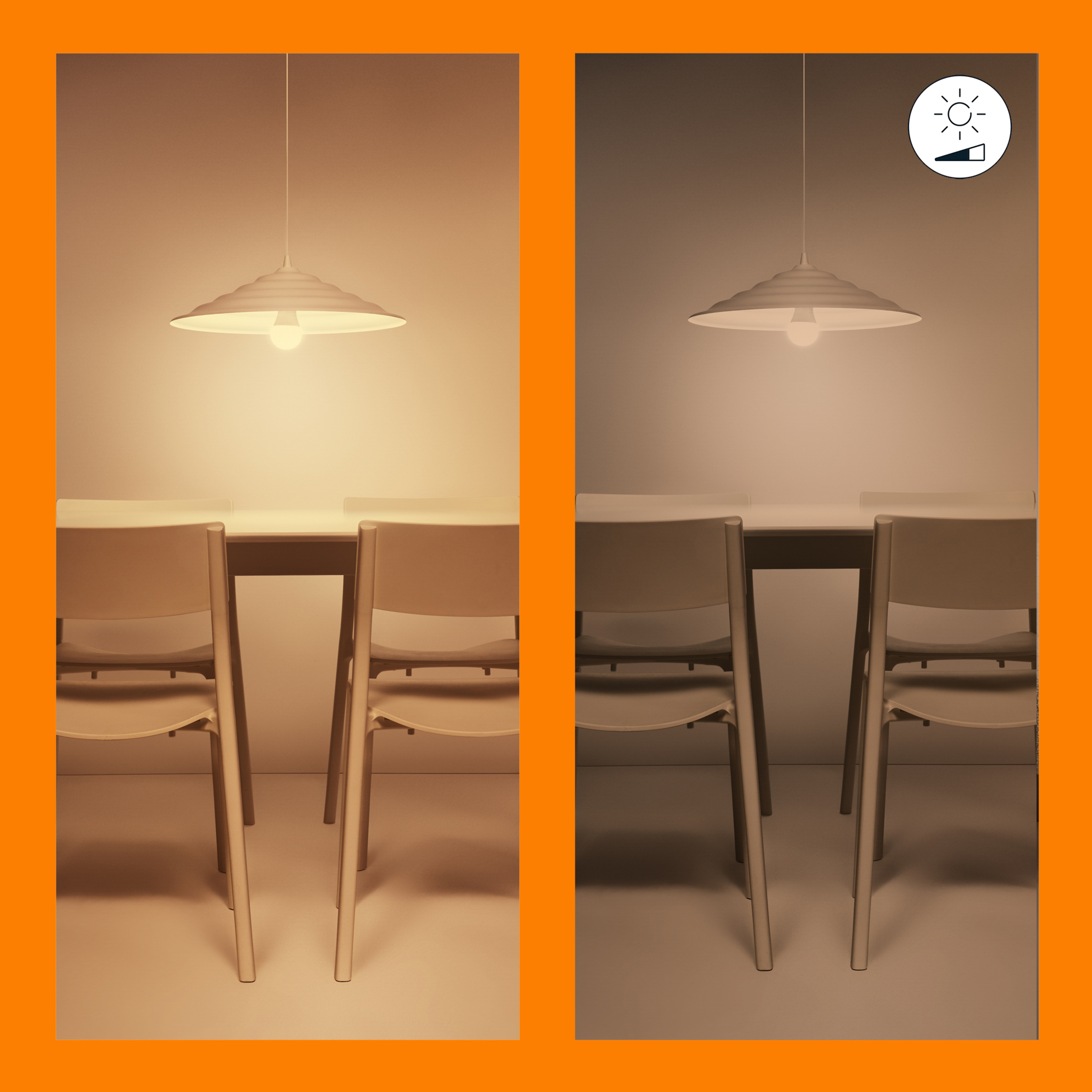 Deux images d'une pièce avec une lampe suspendue, une chaude, l'autre froide, avec une icône de variateur.
