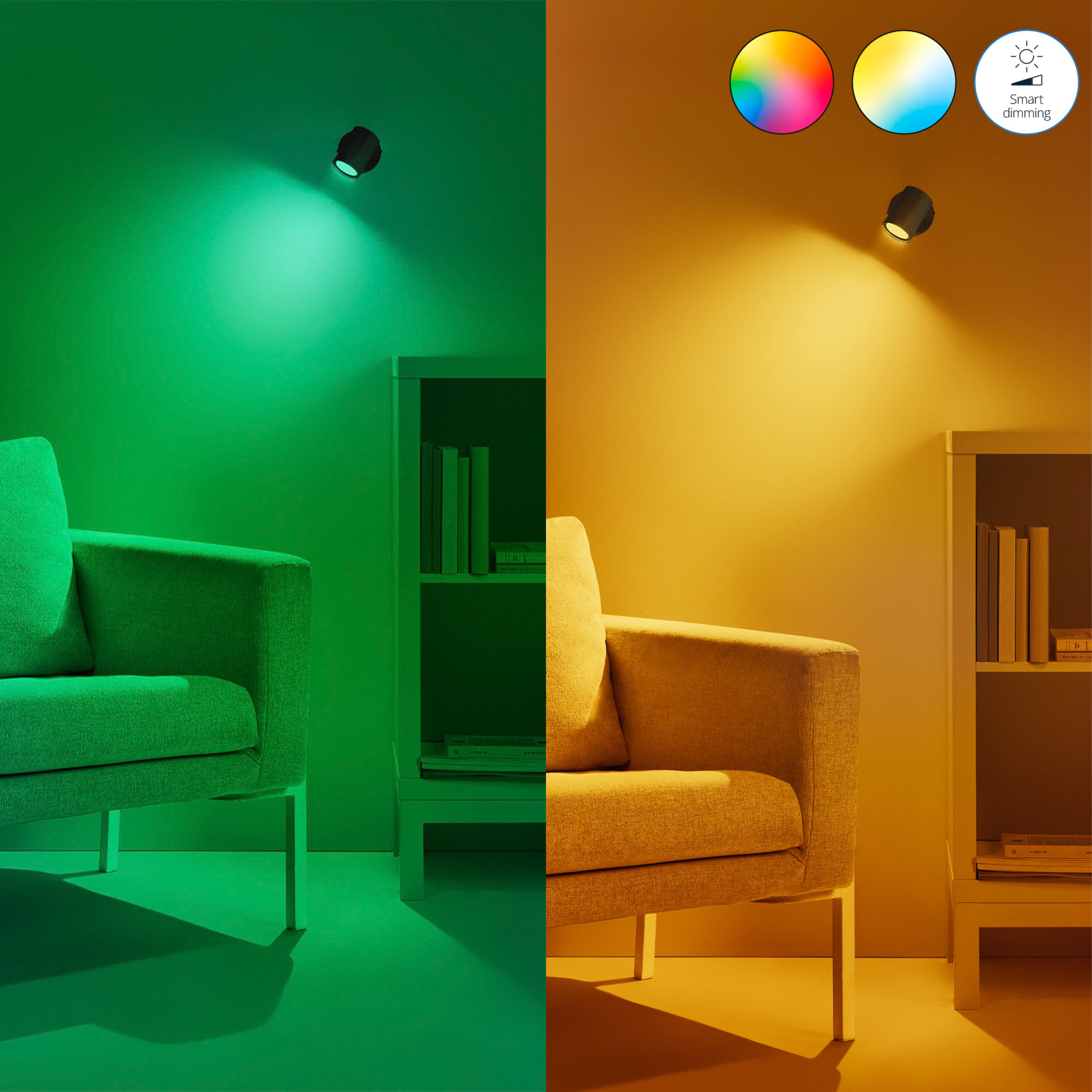 Una habitación dividida en luz verde y amarilla. Muebles y focos visibles.