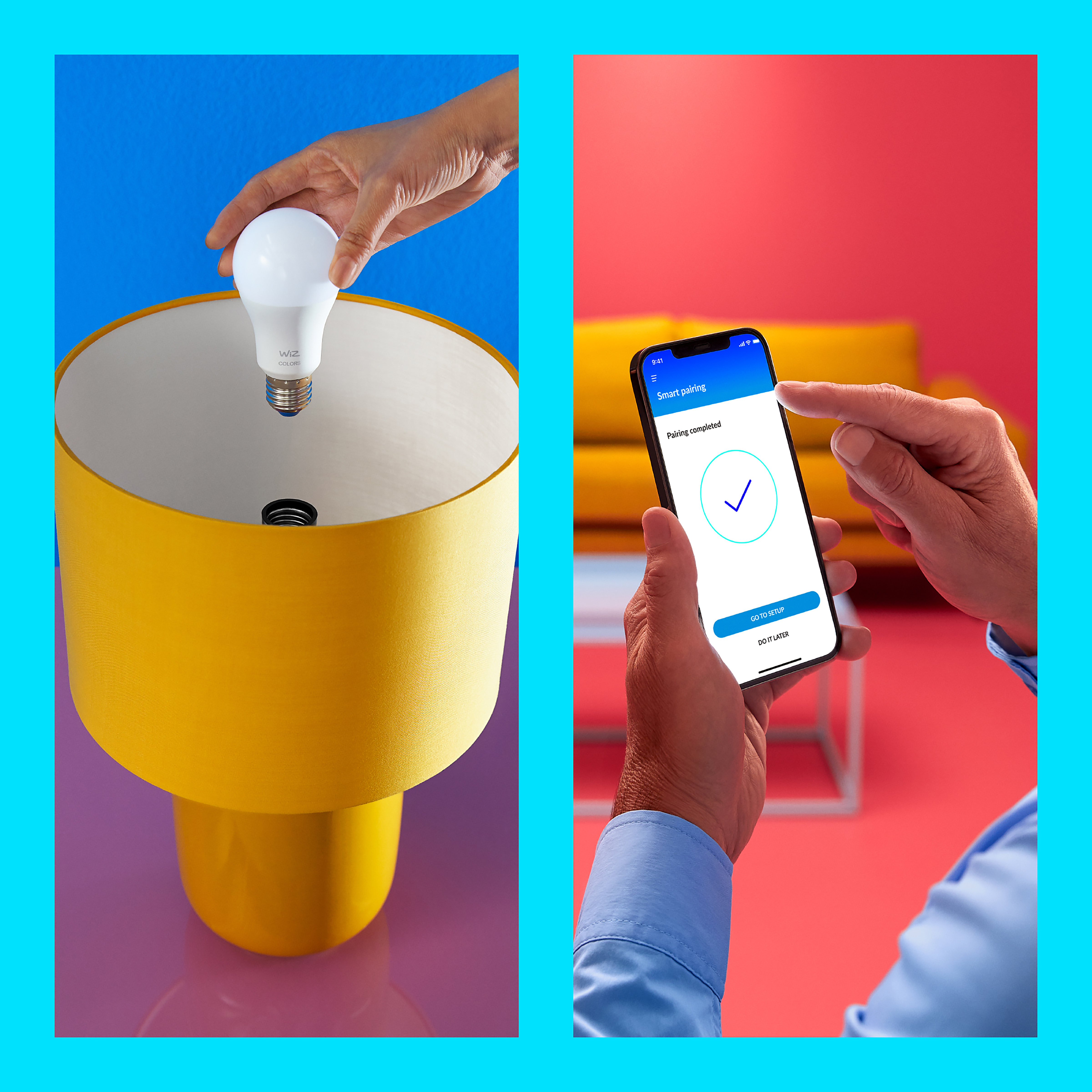 Dwa obrazy. Lewo: lampa z żarówką. Prawo: telefon ze znakiem wyboru, na czerwonej ścianie.