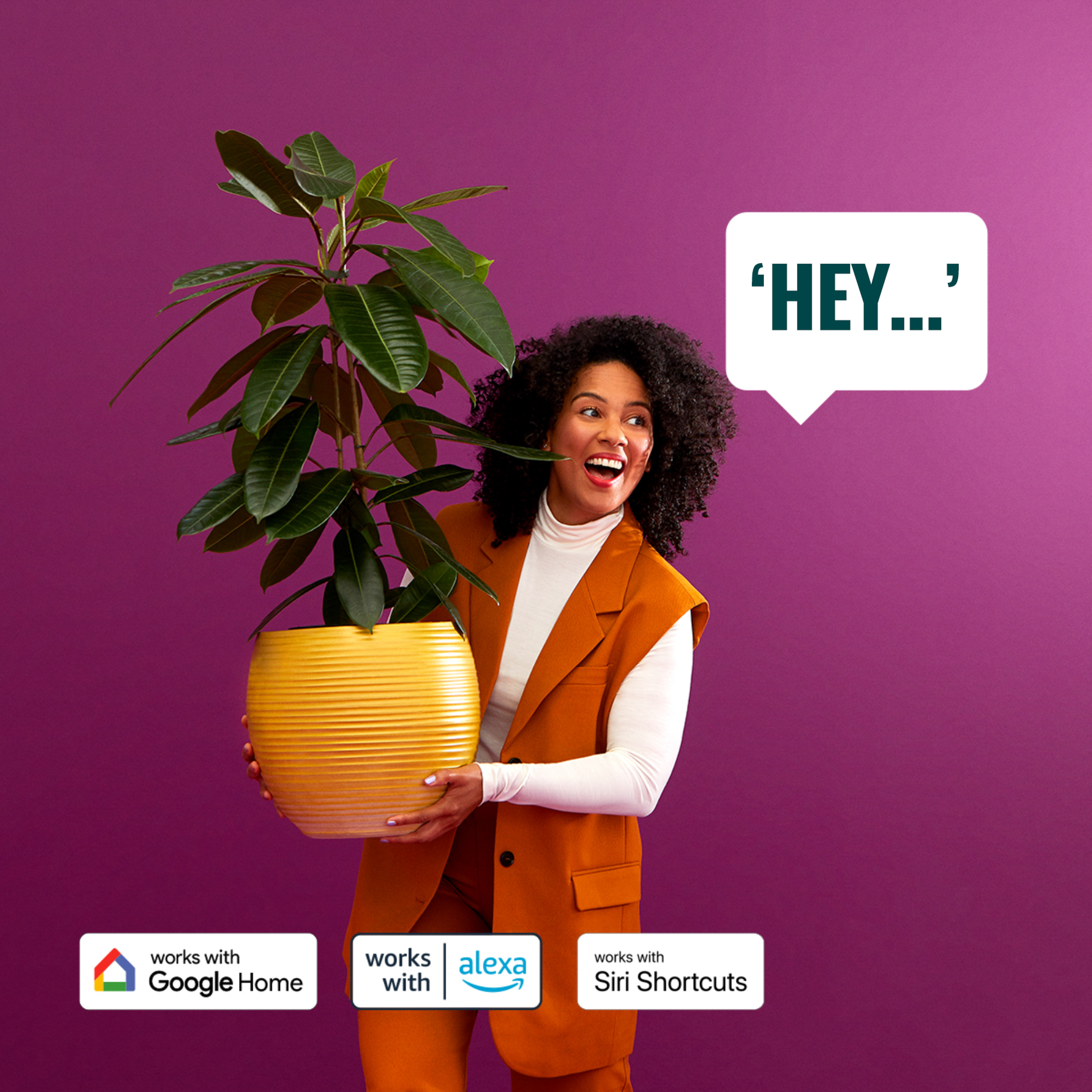 Una donna tiene un vaso giallo con una pianta, parla, con fumetto 'HEY...'