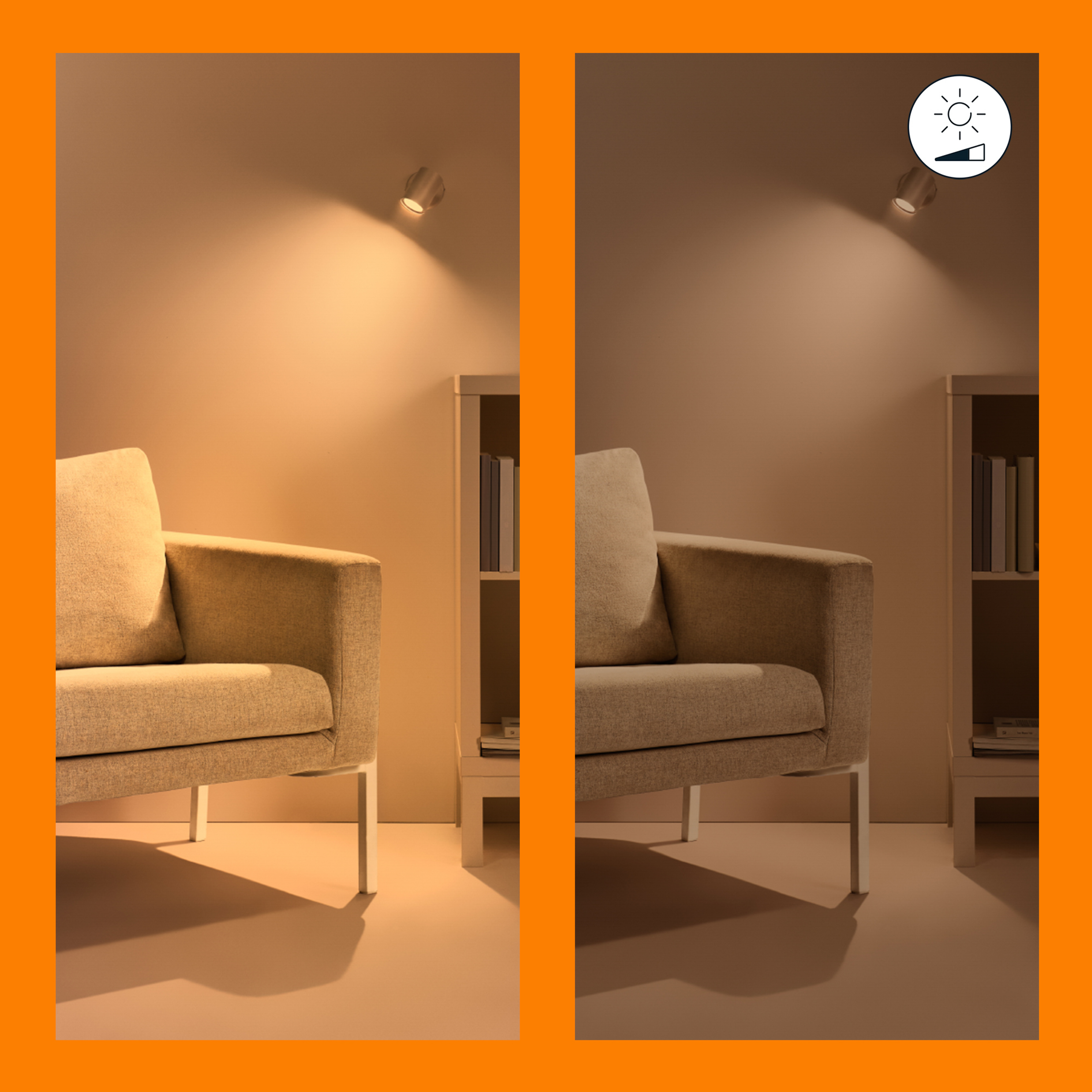 Due immagini, faretto a soffitto acceso, con regolazione dell'intensità luminosa e un divano.