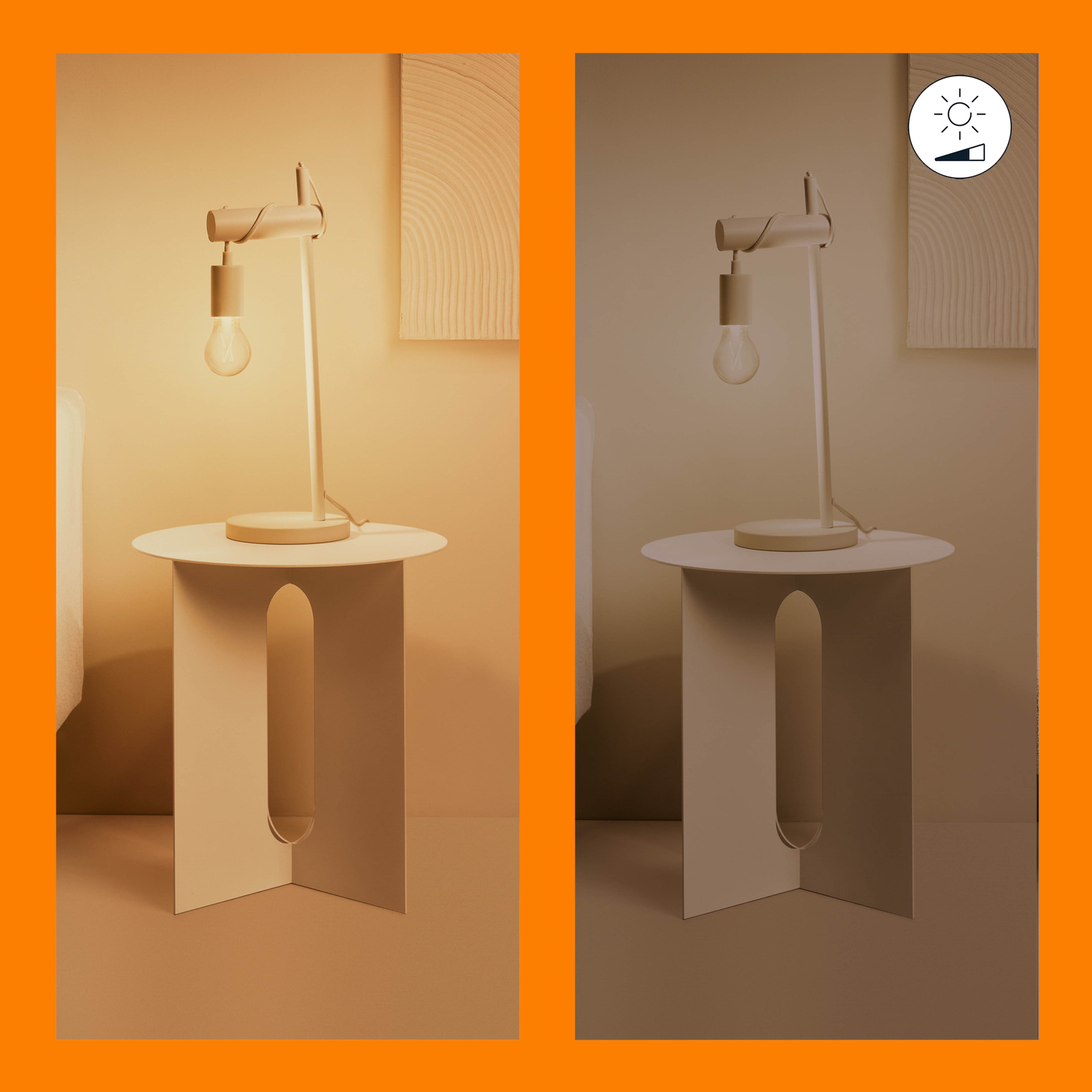 Two images of a beige lamp on a table. The left lamp is on, the right is off. Dimmer icon.