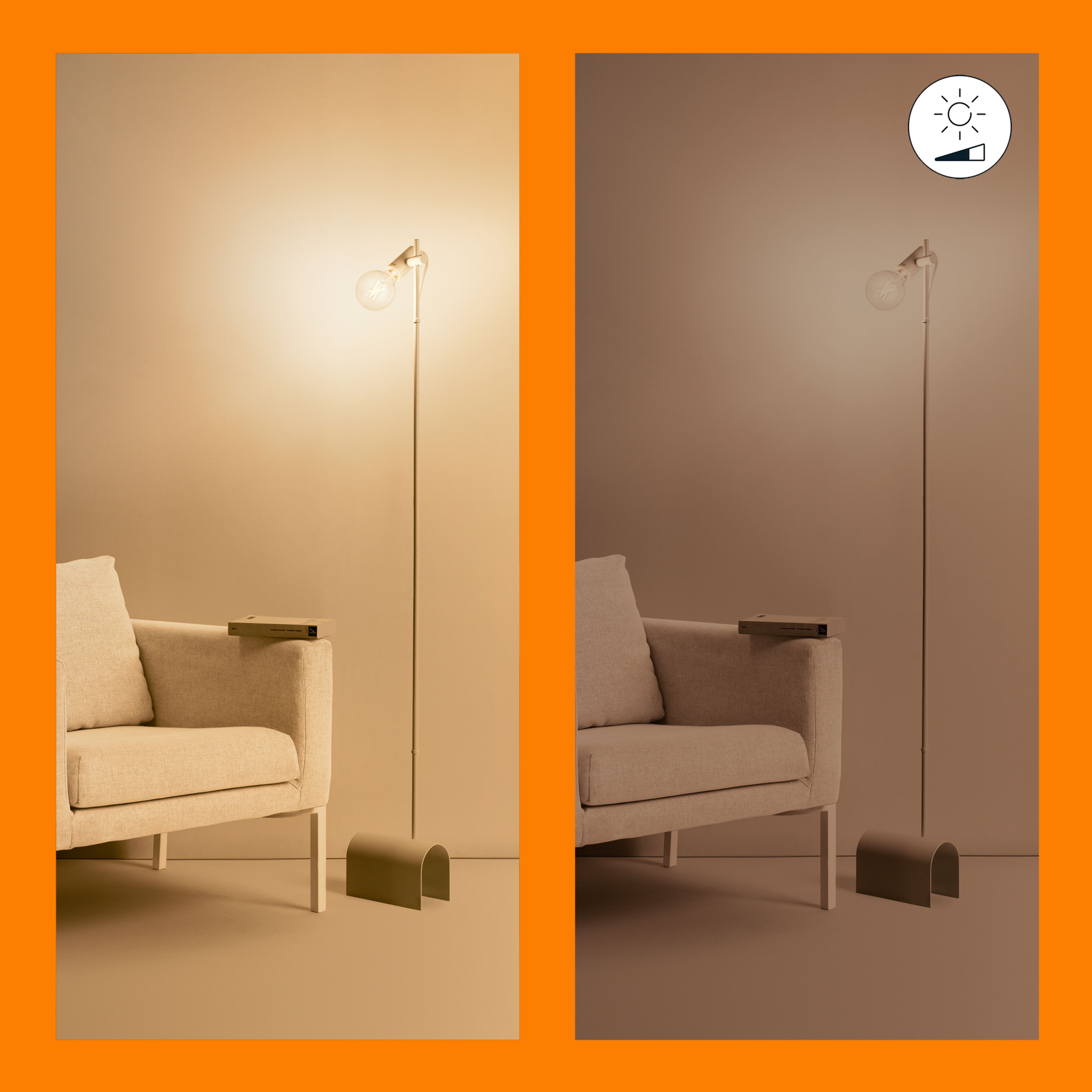 Deux images d'un lampadaire et d'un fauteuil. La luminosité de la lampe est en cours de réglage.