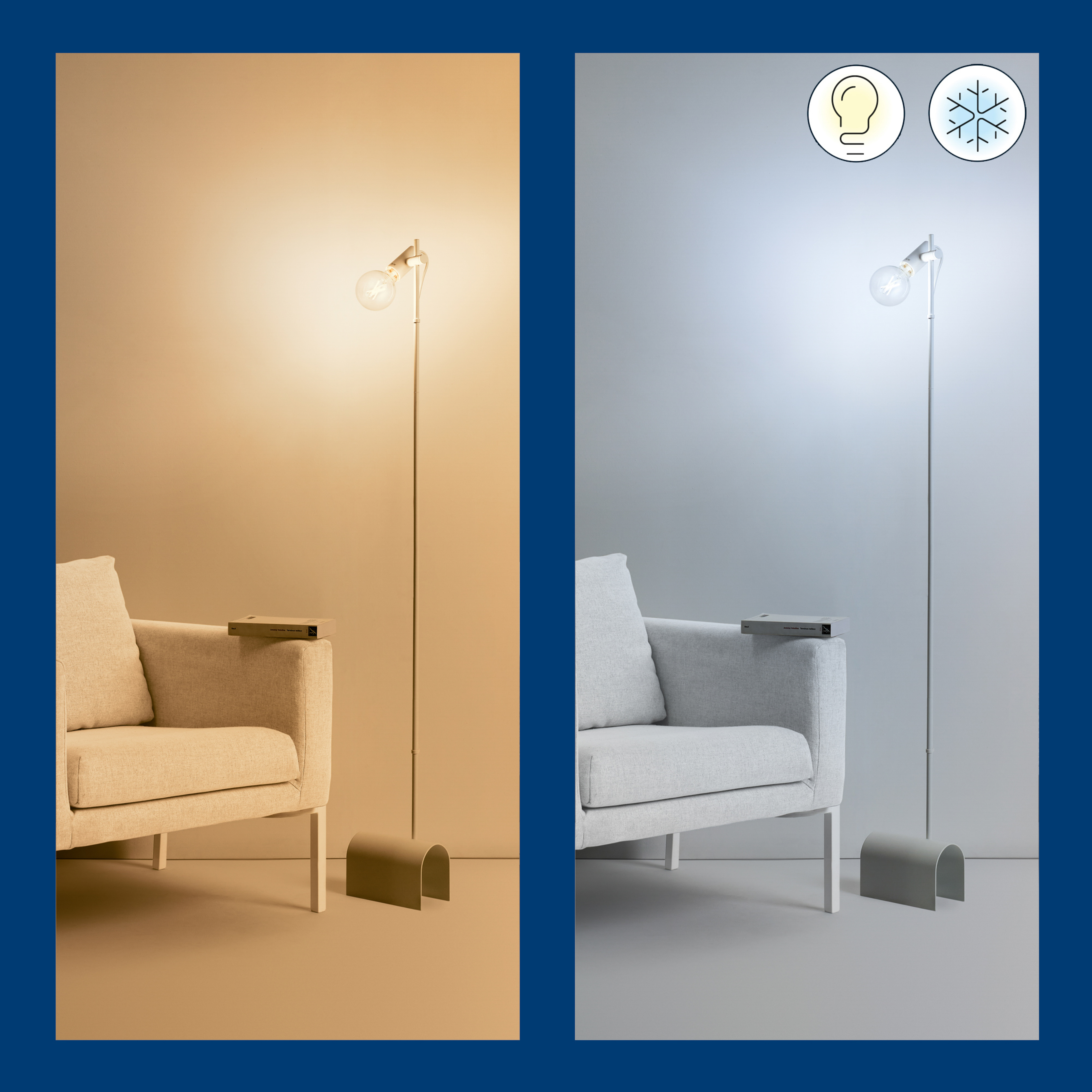 Deux images. Gauche: Lumière chaude et lampe. Droite: Lumière froide et lampe. Les deux montrent des lampes.