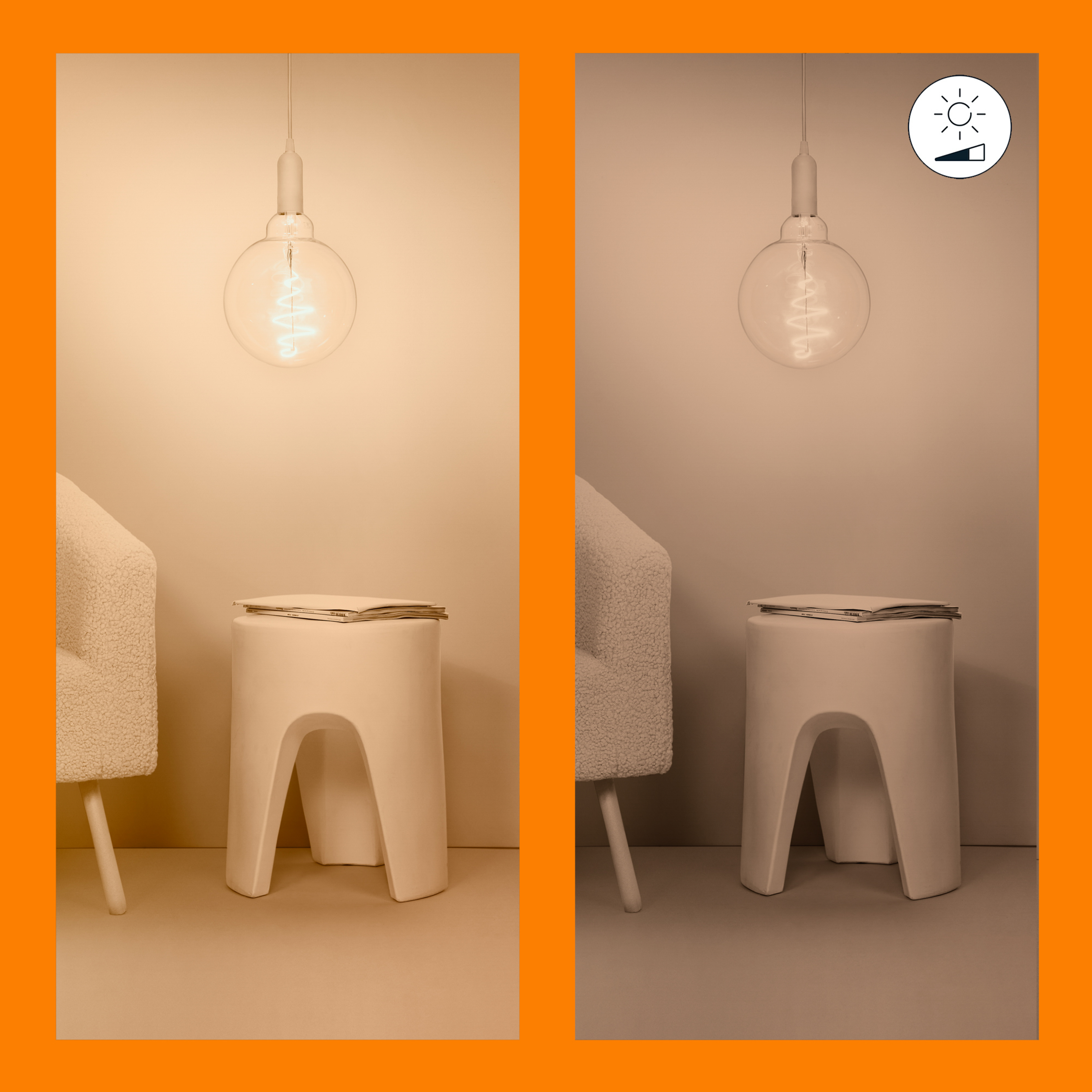 Twee afbeeldingen, verlicht en gedimd. Een hanglamp boven een witte kruk met een boek en een stoel.