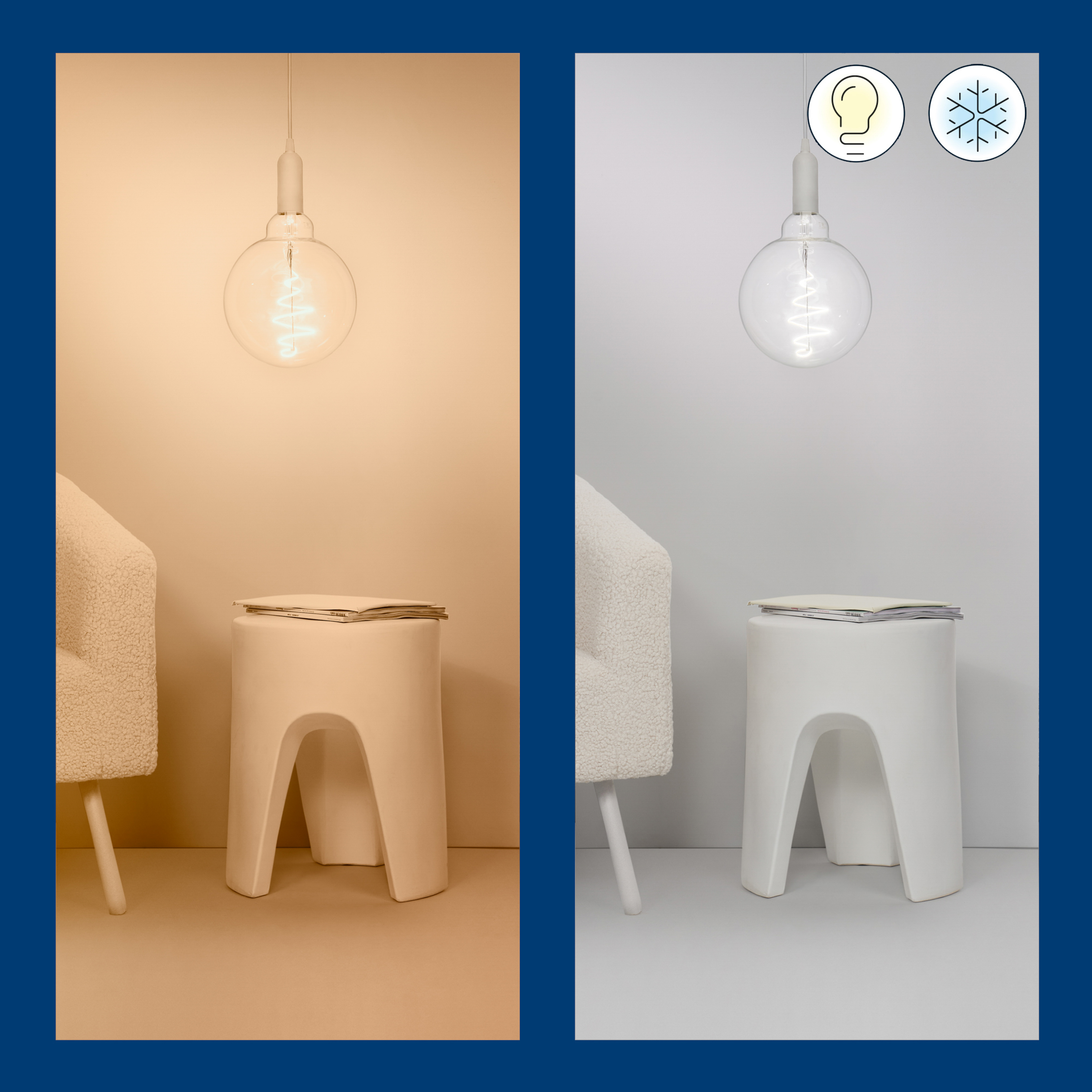 Twee afbeeldingen, lamp aan met warm licht, lamp uit met koud licht. Witte meubels, blauwe rand.
