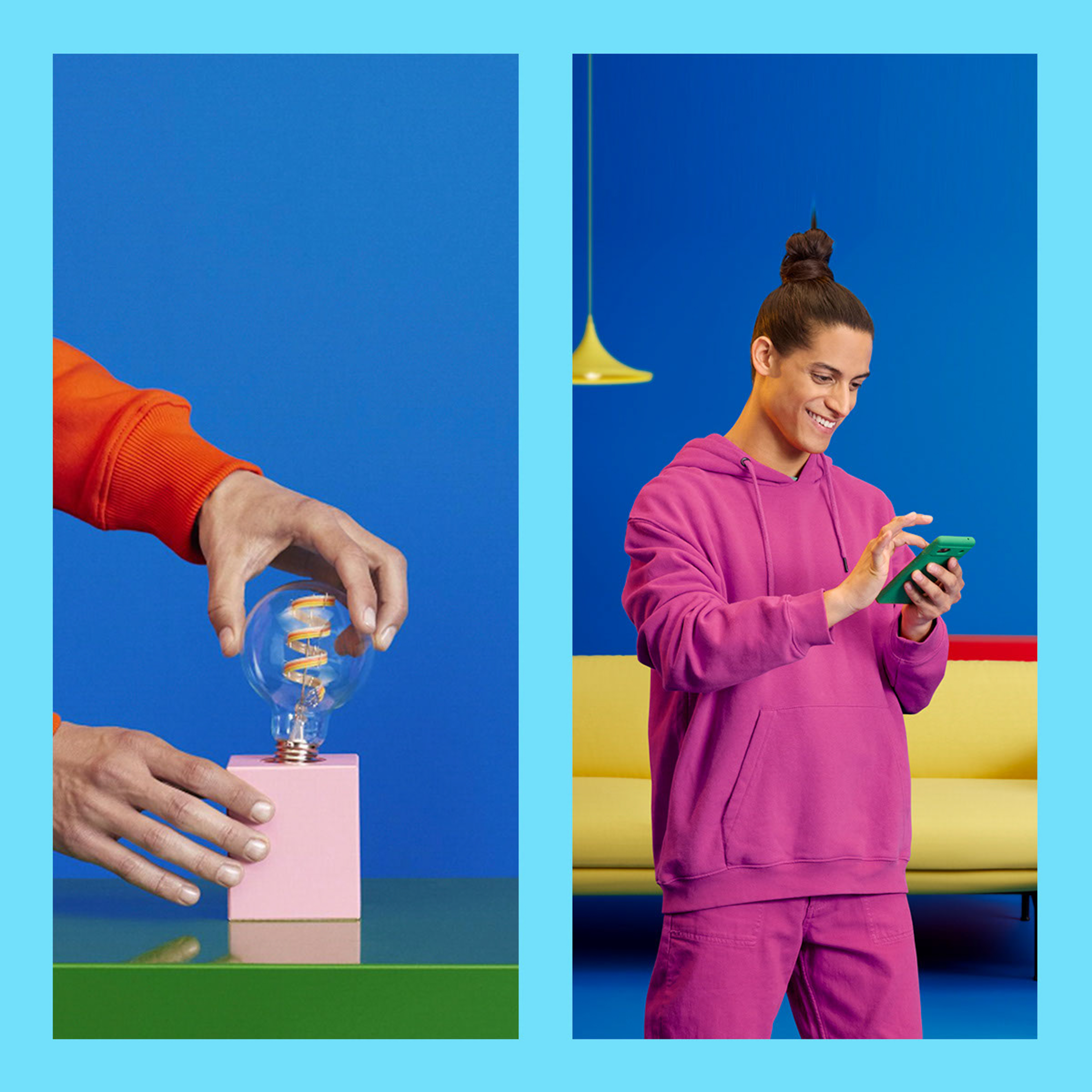 Dwa obrazy. Jeden z osobą trzymającą żarówkę, drugi z osobą korzystającą z zielonego telefonu.