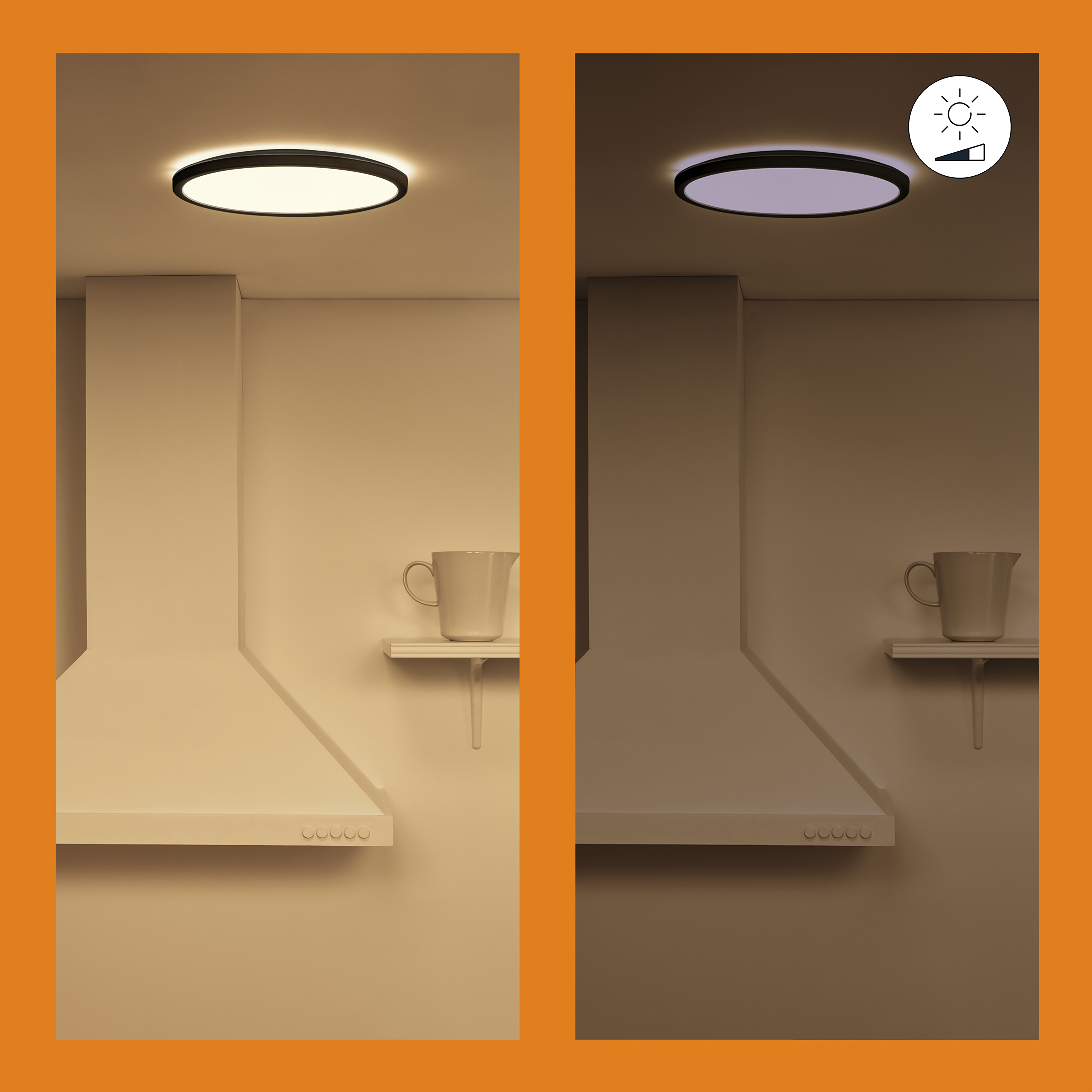 Keuken met twee verlichtingsopties. Eén helder, de ander gedimd, boven een afzuigkap.