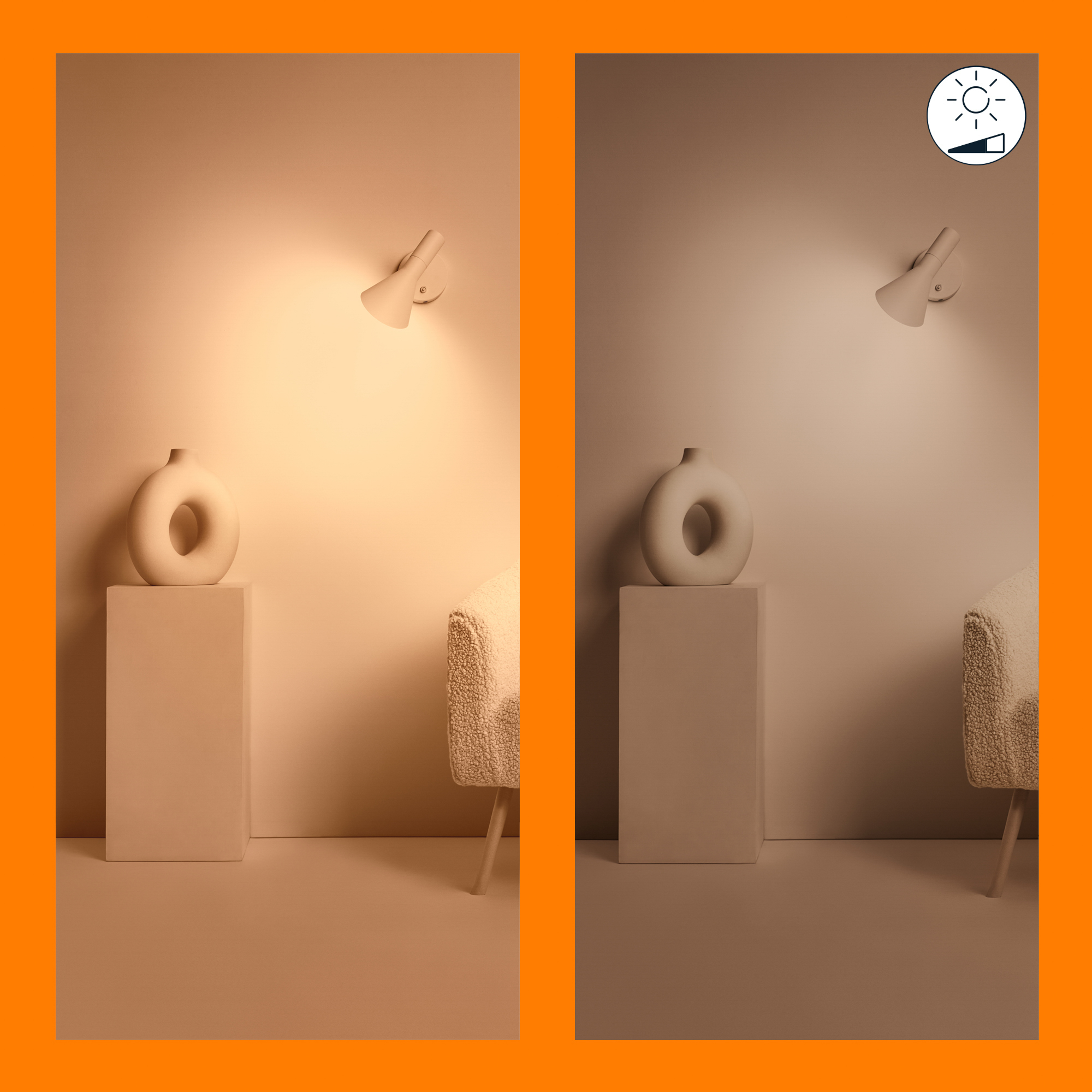 Dwa obrazy obok siebie białej ściany z białym wazonem i lampą. Zmiany oświetlenia.